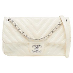 Chanel Cream Chevron Leather Medium Classic Single Flap Bag