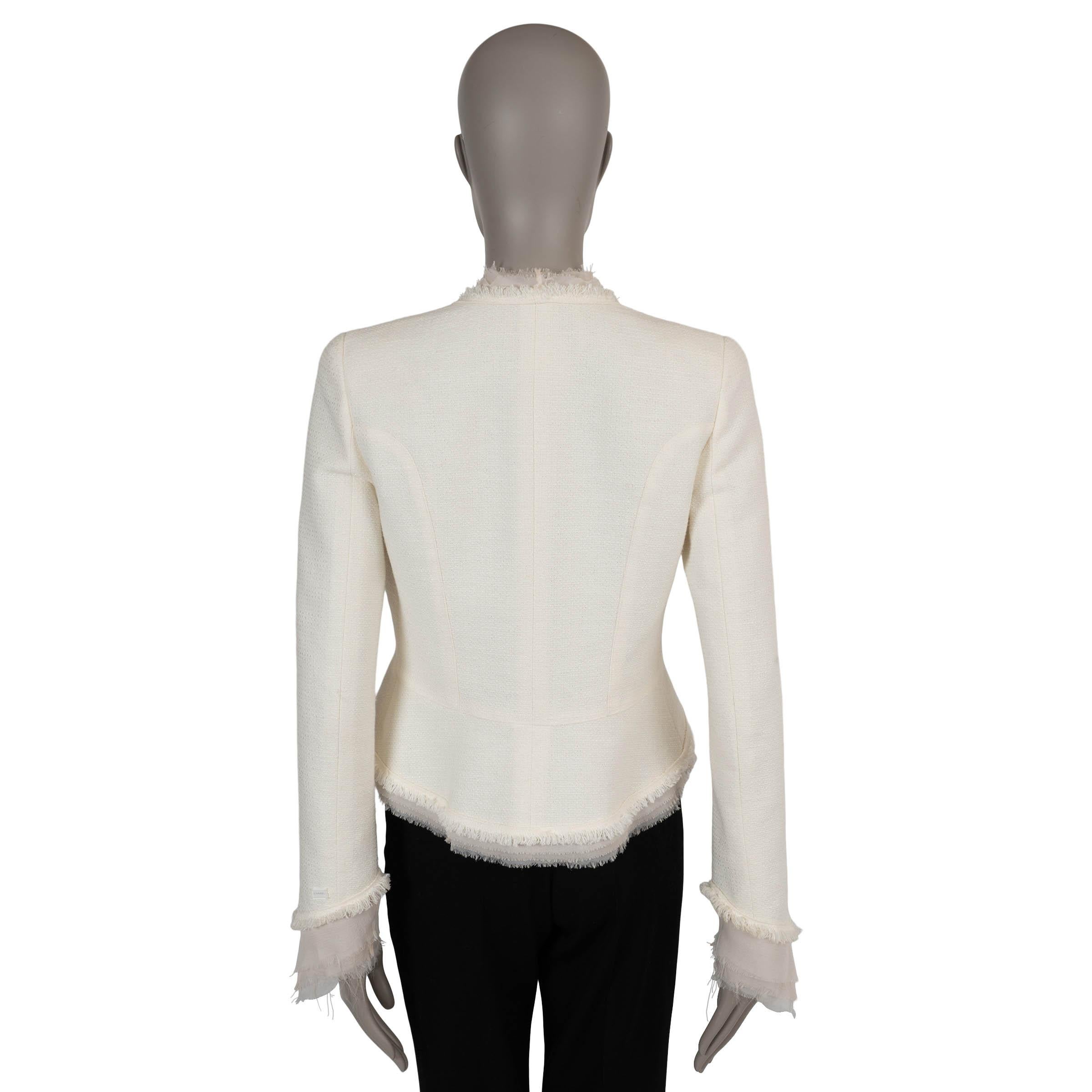Gray CHANEL cream cotton 04C FRINGE & CHIFFON TRIM TWEED Jacket 38 S