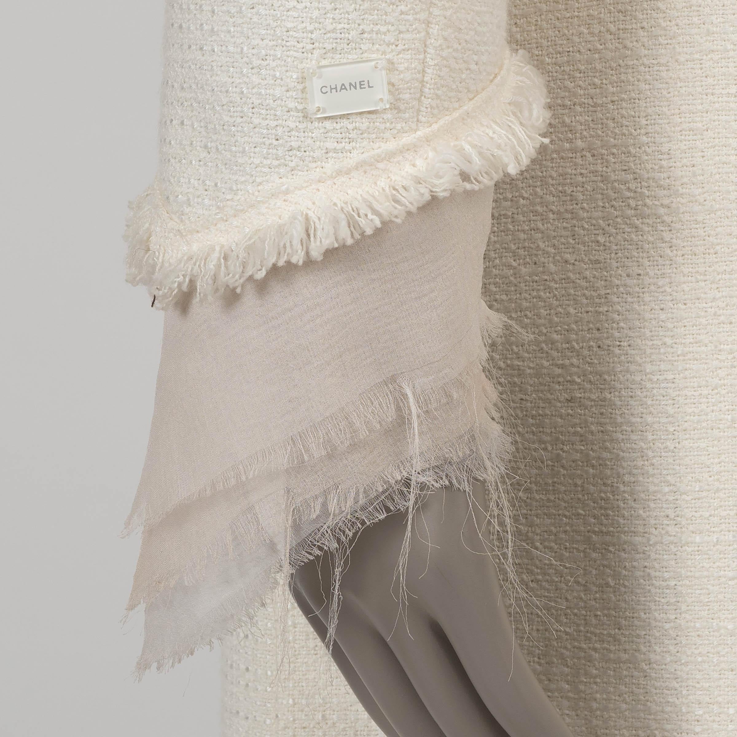 CHANEL cream cotton 04C FRINGE & CHIFFON TRIM TWEED Jacket 38 S 2