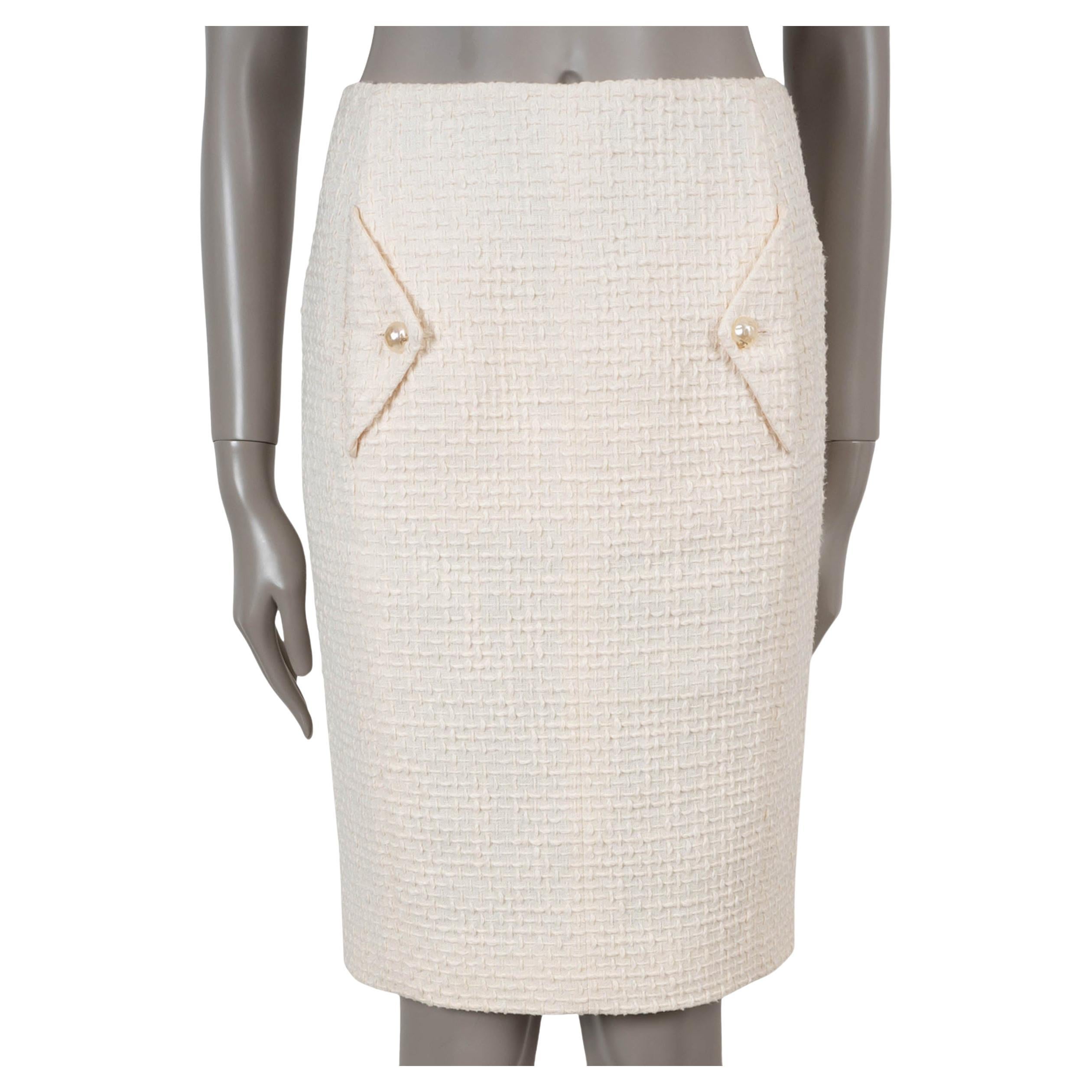 CHANEL cream cotton 12P FLAP POCKET TWEED PENCIL Skirt 36 XS For Sale