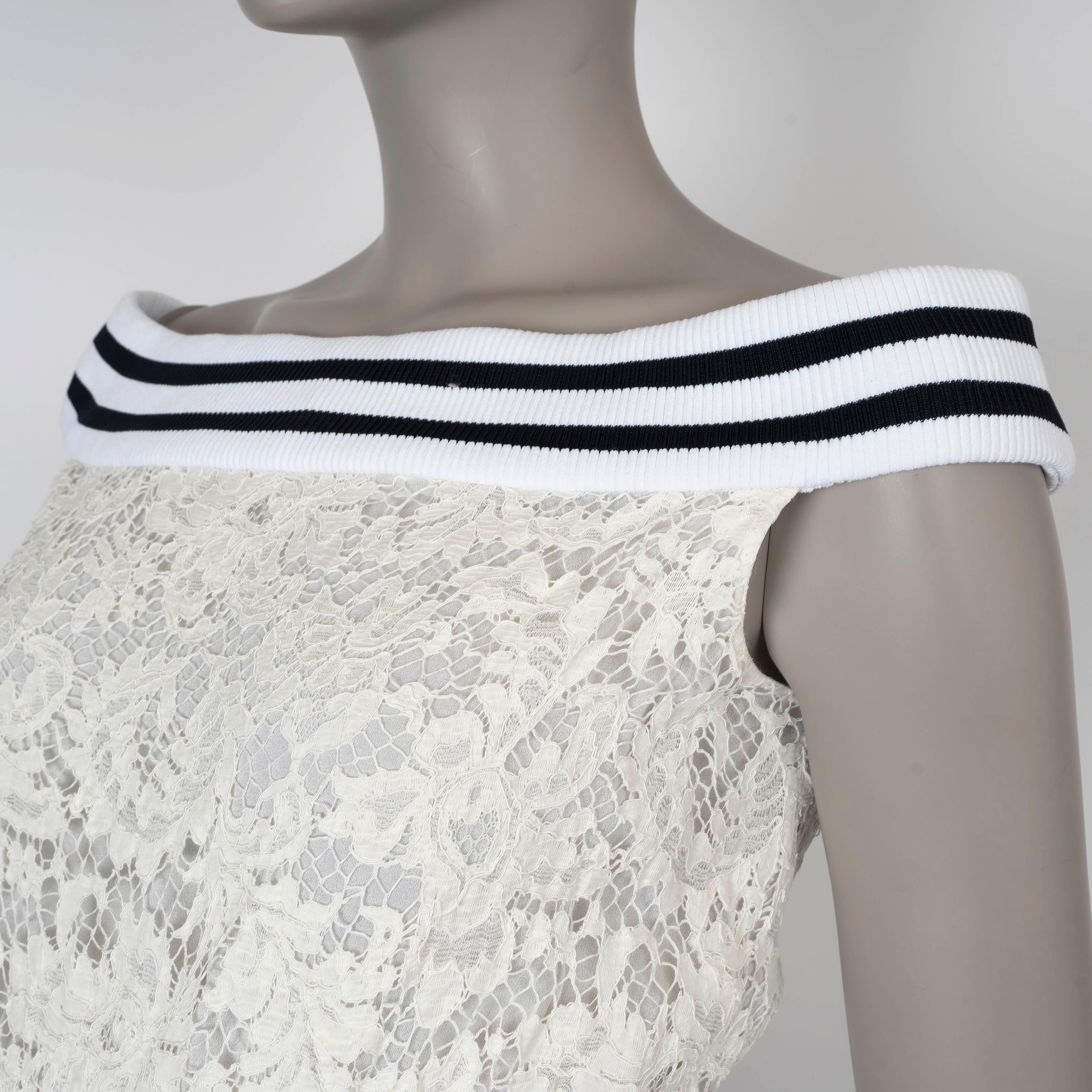 De las mujeres CHANEL algodón crema 17P FLORAL LACE OFF-SHOULDER Vestido MIDI 36 XS en venta