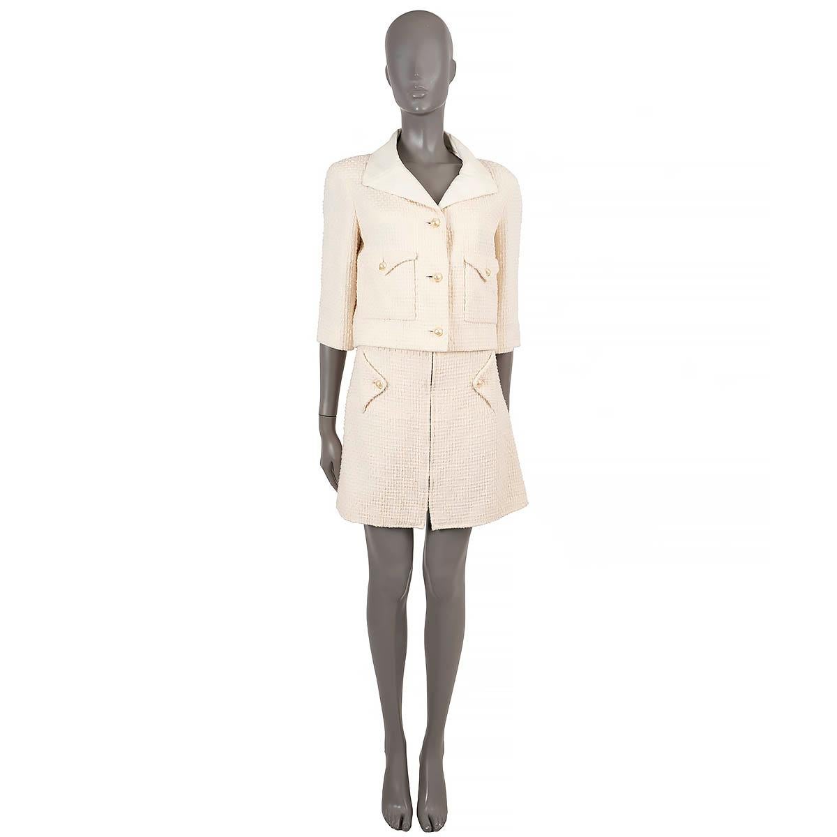 CHANEL cream cotton 2012 12P TEXTURED TWEED LEATHER LAPEL Jacket 40 M For Sale 7