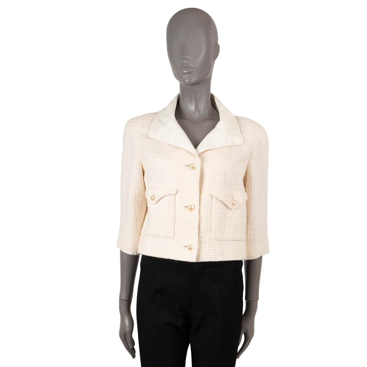 Women's CHANEL cream cotton 2012 12P TEXTURED TWEED LEATHER LAPEL Jacket 40 M For Sale