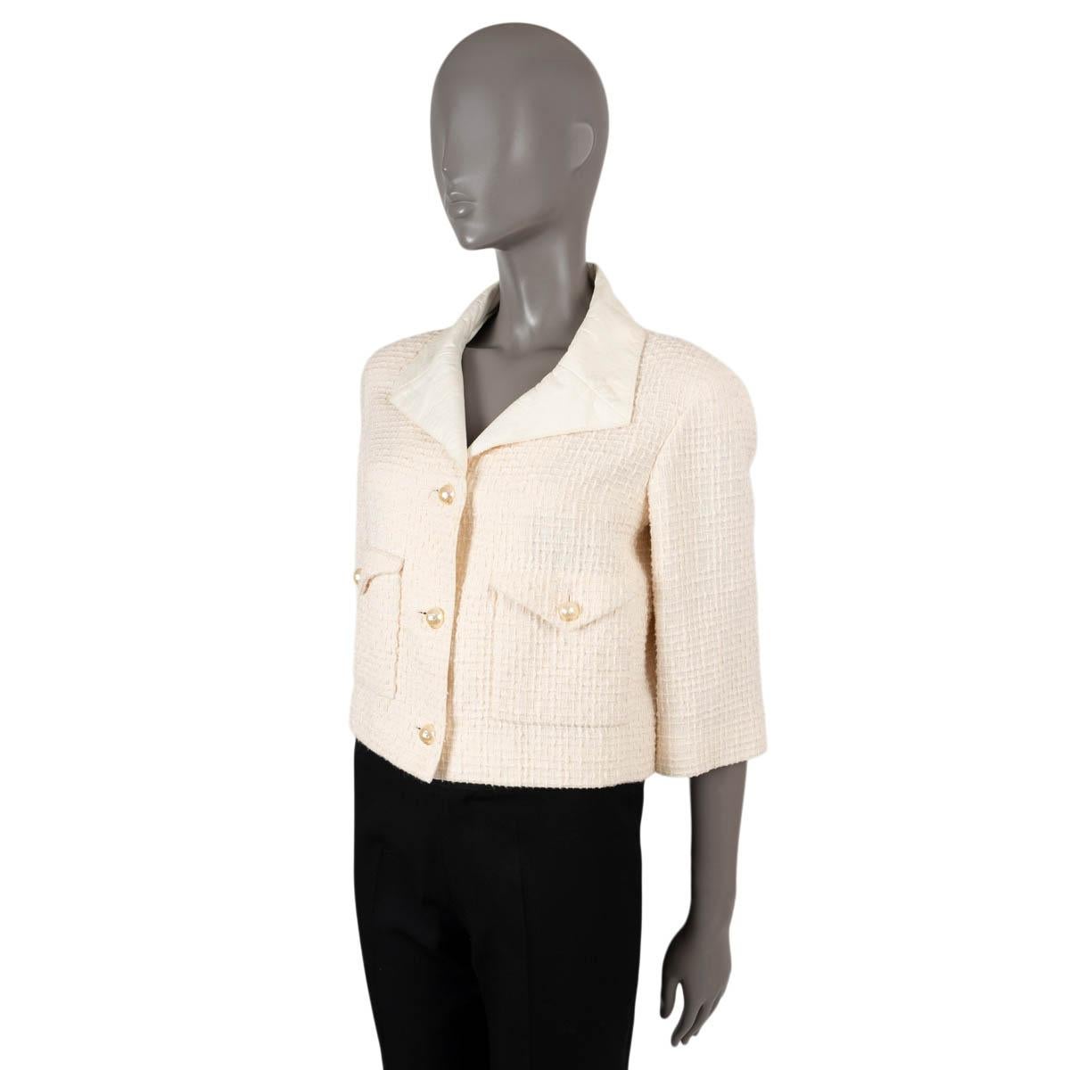 CHANEL cream cotton 2012 12P TEXTURED TWEED LEATHER LAPEL Jacket 40 M For Sale 1