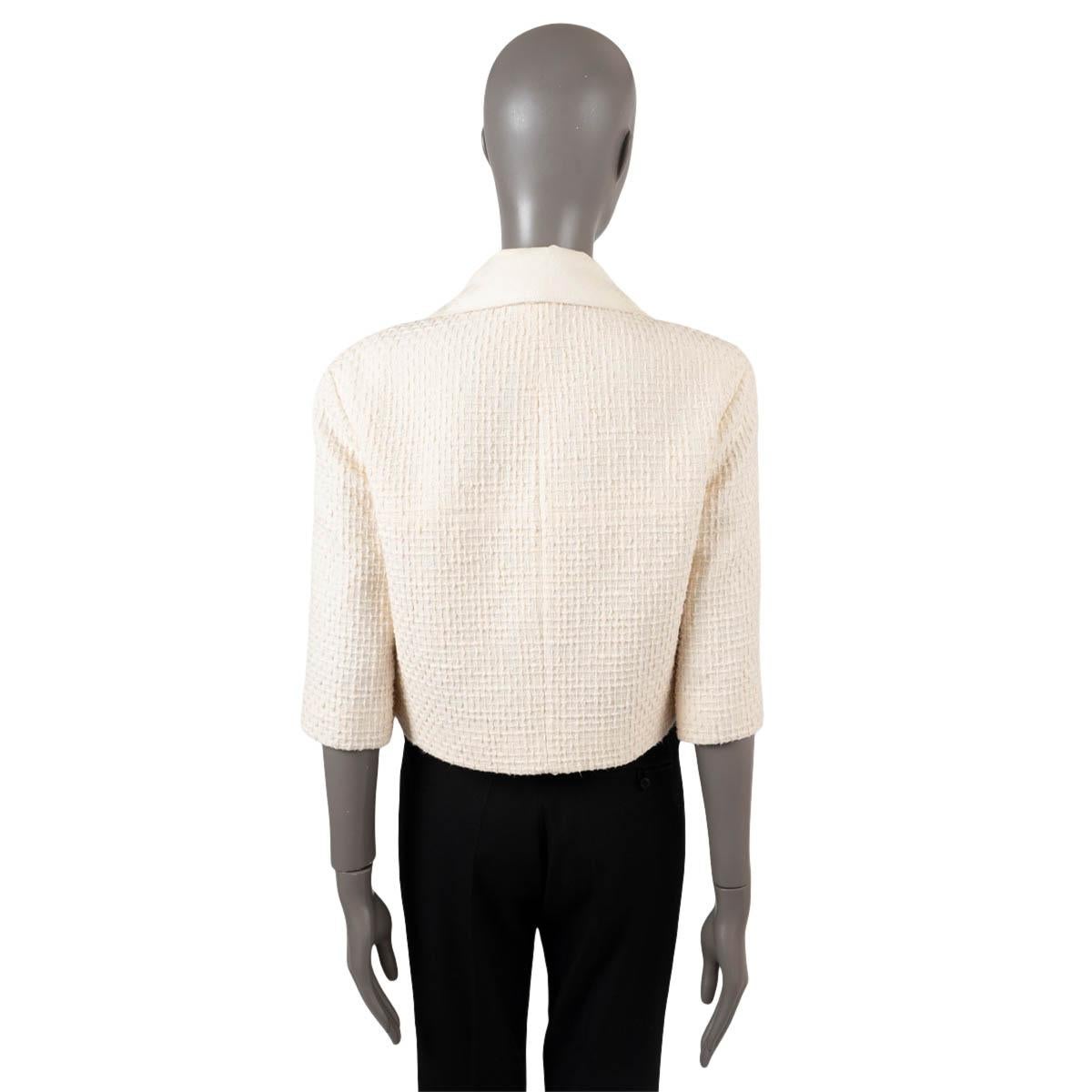 CHANEL cream cotton 2012 12P TEXTURED TWEED LEATHER LAPEL Jacket 40 M For Sale 2