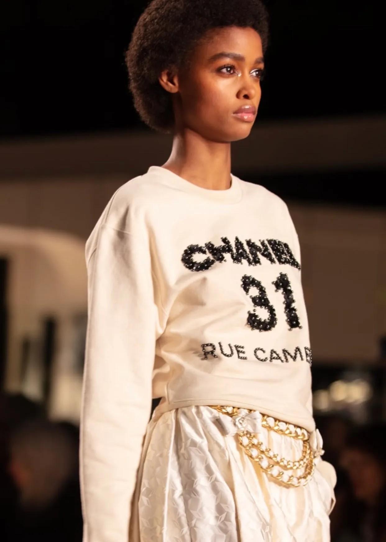 CHANEL cream cotton 20A RUE CAMBON SEQUIN & PEARL Sweater S For Sale 6