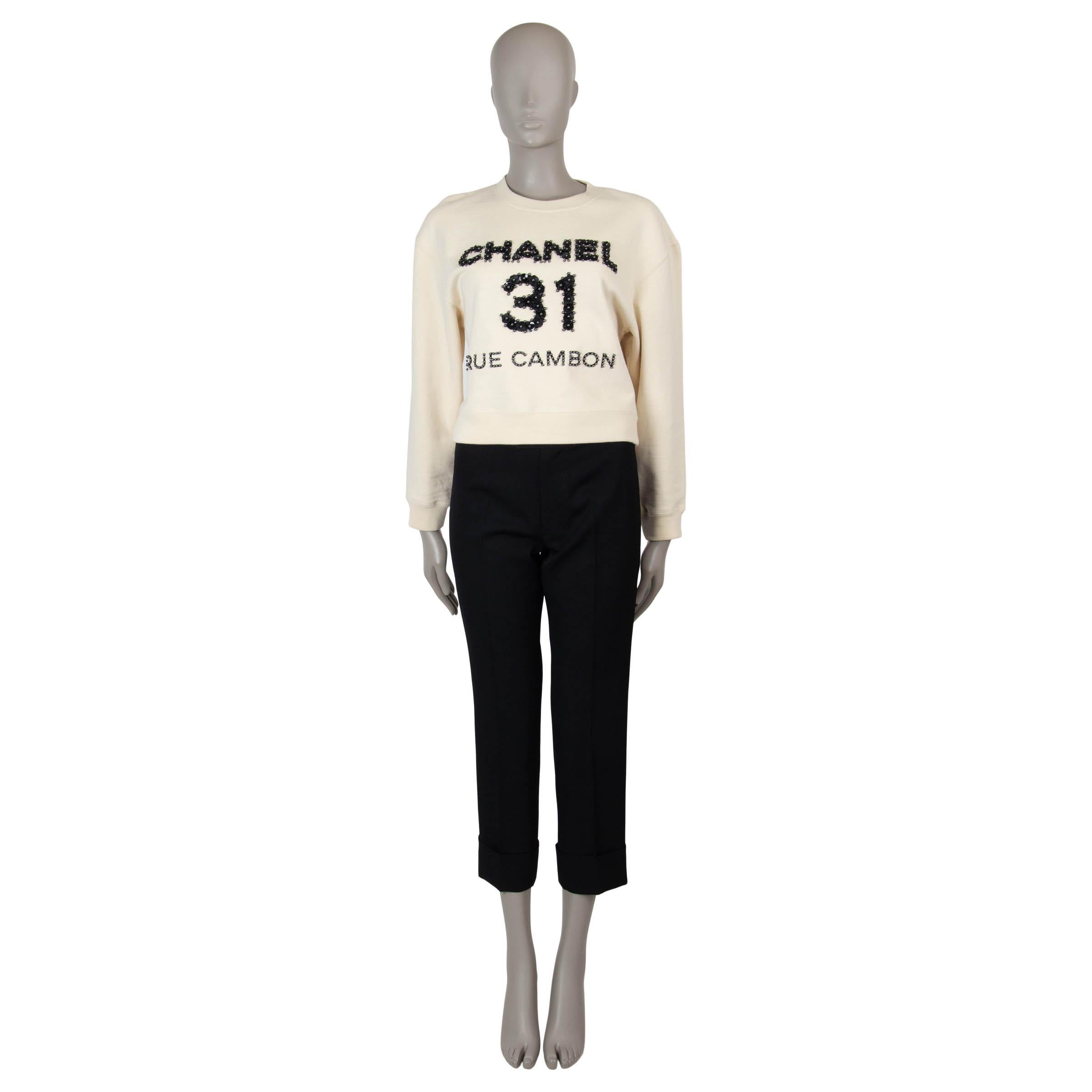 Women's CHANEL cream cotton 20A RUE CAMBON SEQUIN & PEARL Sweater S For Sale
