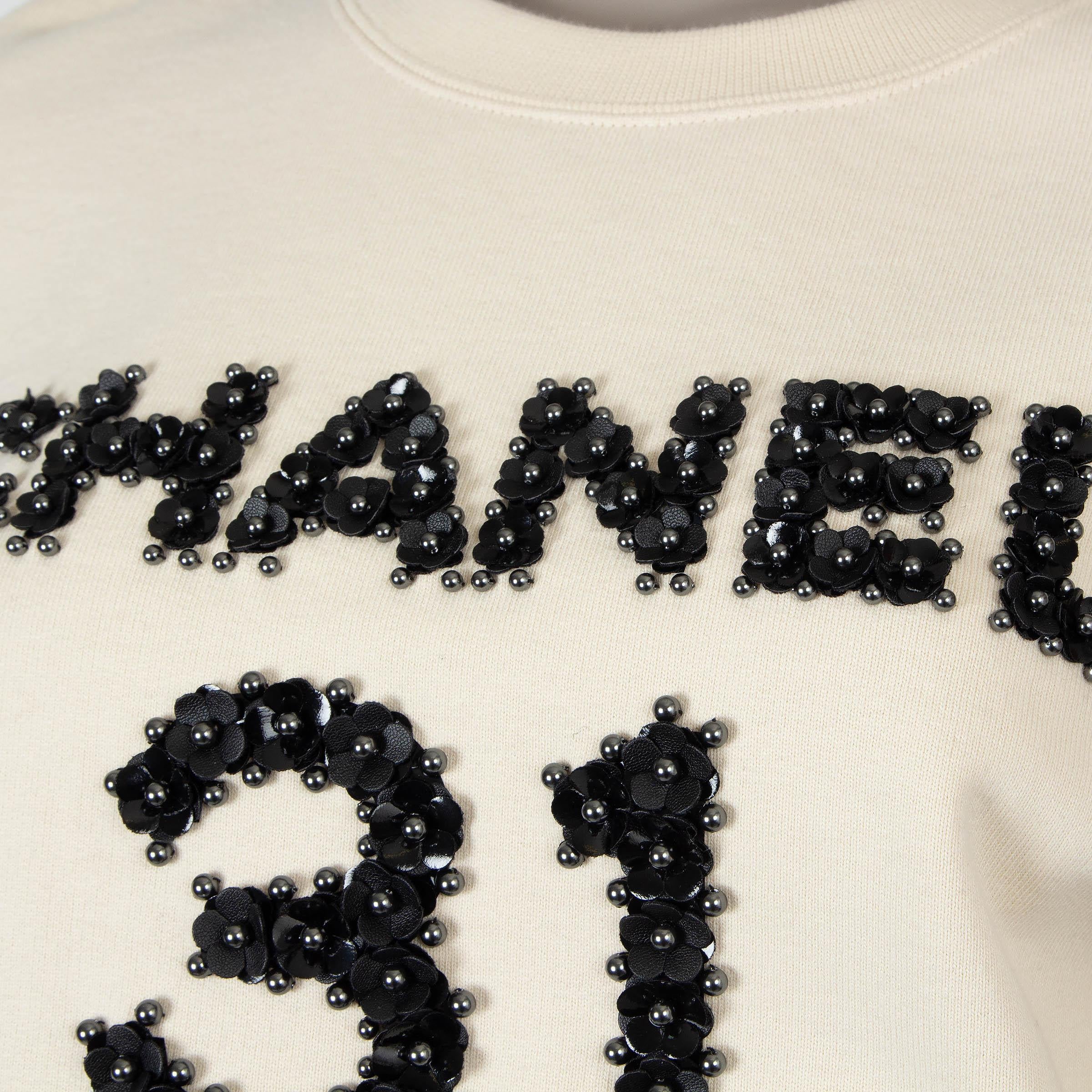 CHANEL cream cotton 20A RUE CAMBON SEQUIN & PEARL Sweater S For Sale 1