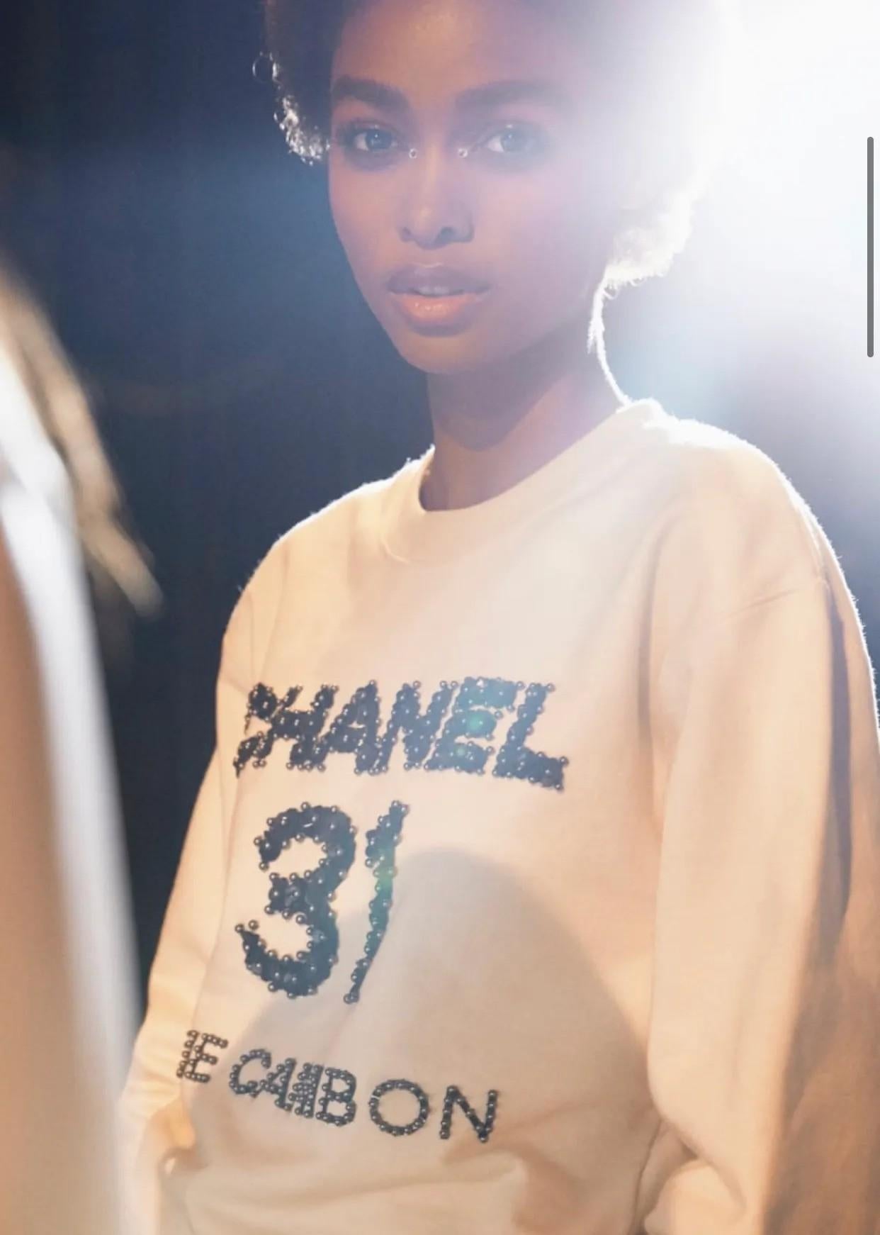 CHANEL cream cotton 20A RUE CAMBON SEQUIN & PEARL Sweater S For Sale 5