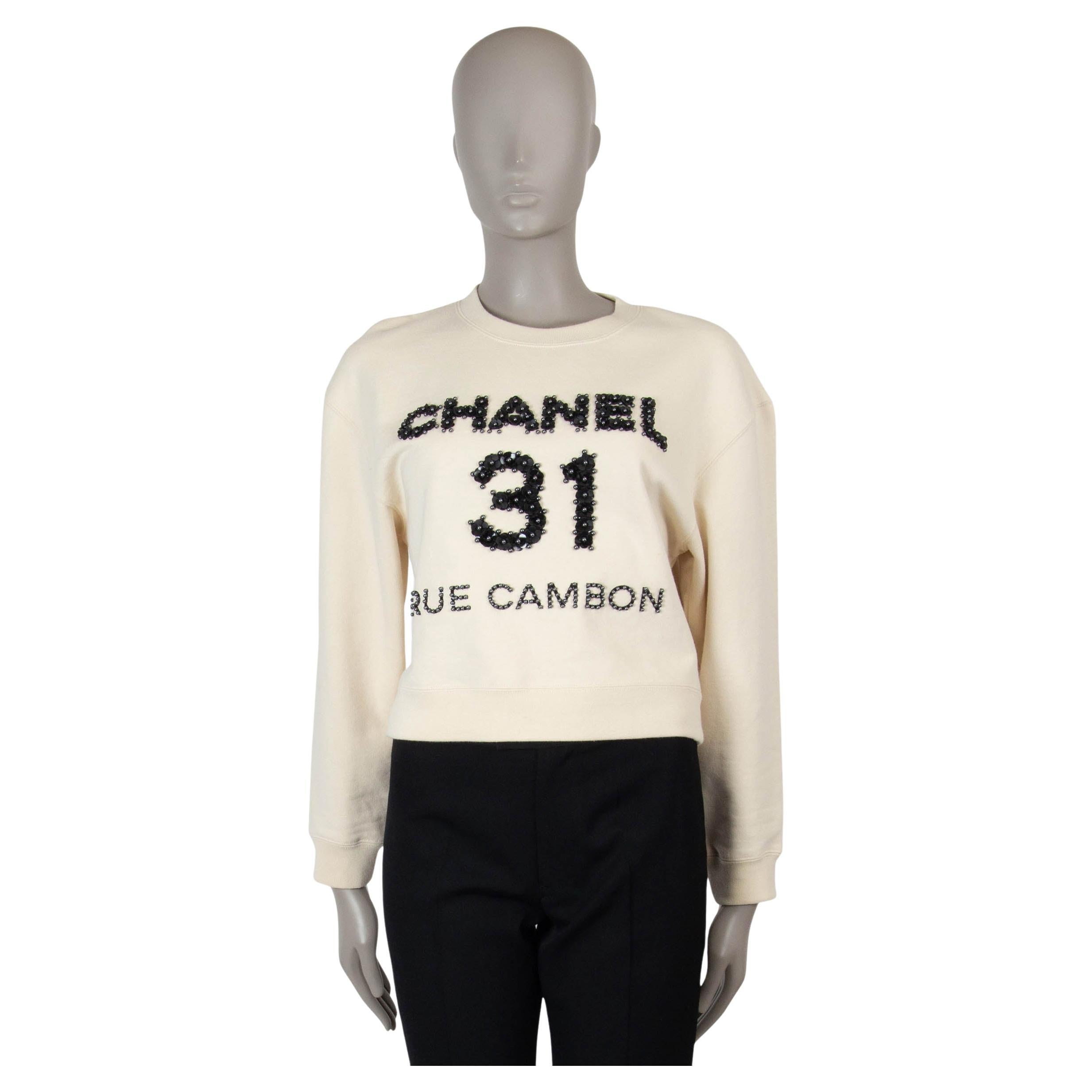 CHANEL cream cotton 20A RUE CAMBON SEQUIN & PEARL Sweater S For Sale