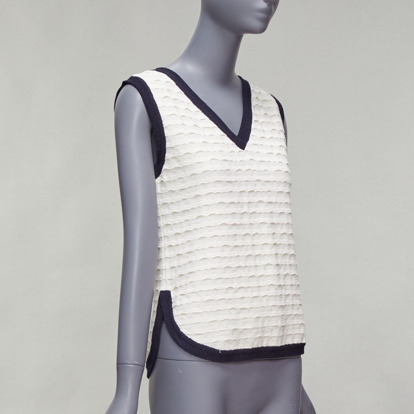 Gray CHANEL cream cotton blend navy towelling trim CC logo knitted vest FR38 M For Sale