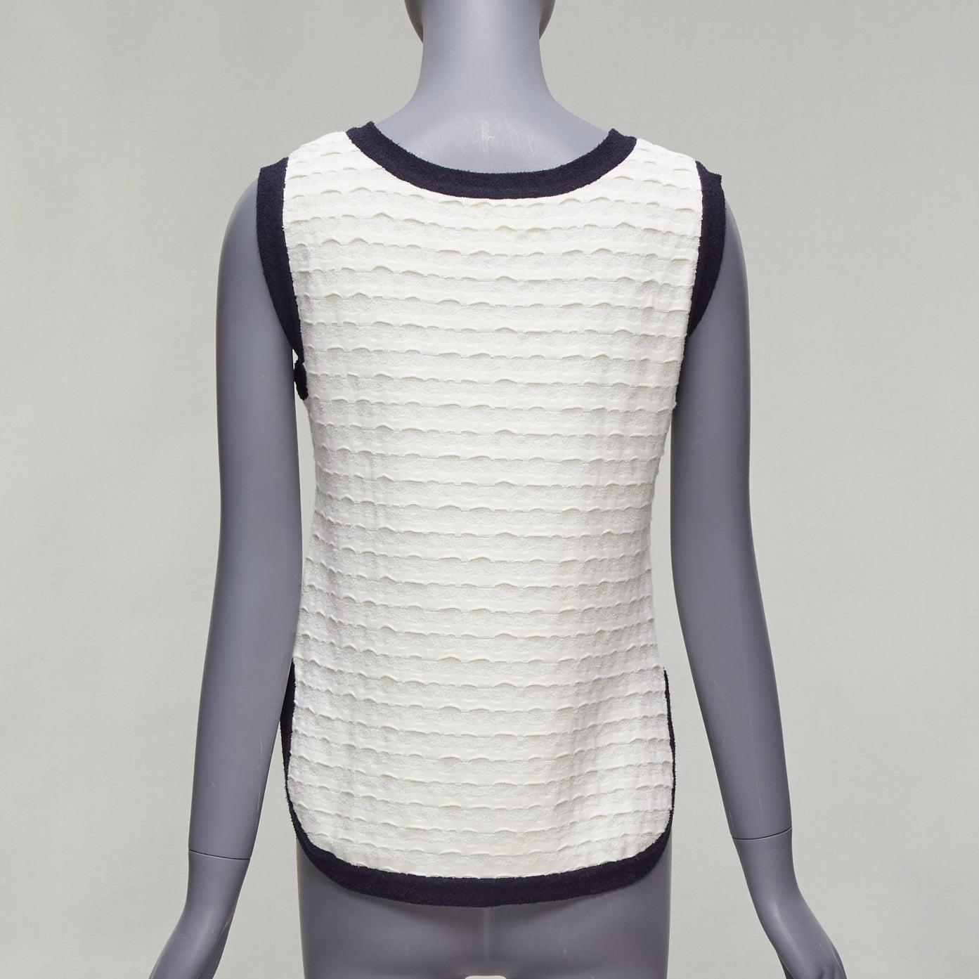 Women's CHANEL cream cotton blend navy towelling trim CC logo knitted vest FR38 M For Sale