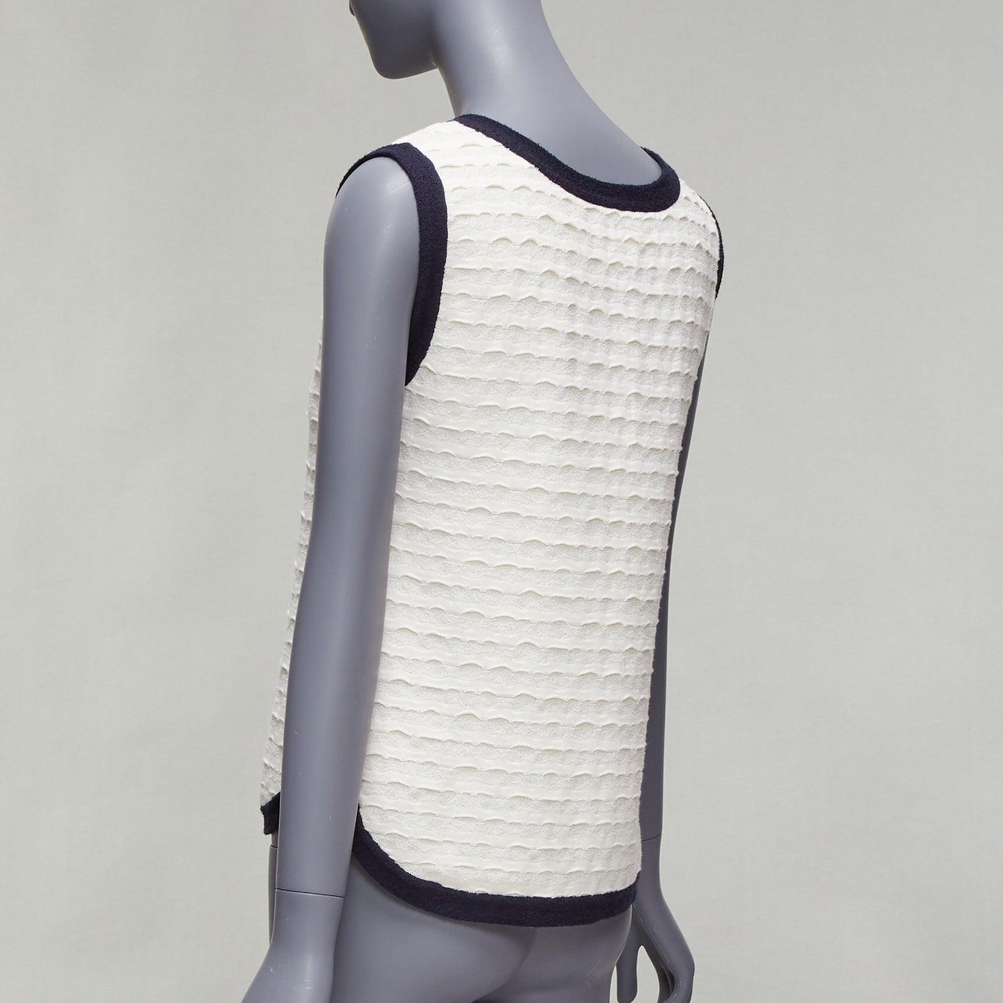CHANEL cream cotton blend navy towelling trim CC logo knitted vest FR38 M For Sale 1