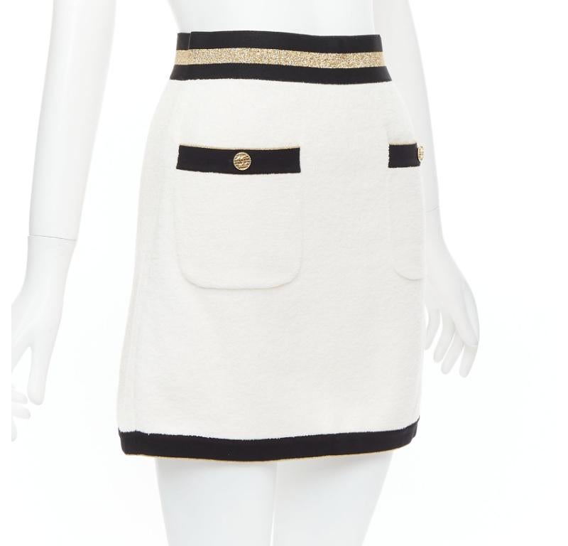 Gray CHANEL cream cotton tweed nautical CC gold button A-line skirt FR34 XS