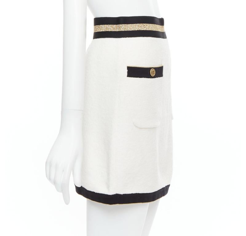 CHANEL cream cotton tweed nautical CC gold button A-line skirt FR34 XS In Excellent Condition In Hong Kong, NT