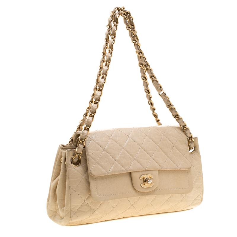 Beige Chanel Cream Crinkled Leather Double Flap Shoulder Bag