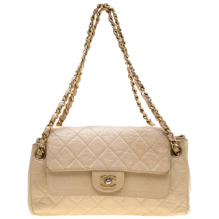 Chanel Cream Crinkled Leather Double Flap Shoulder Bag For Sale at 1stDibs