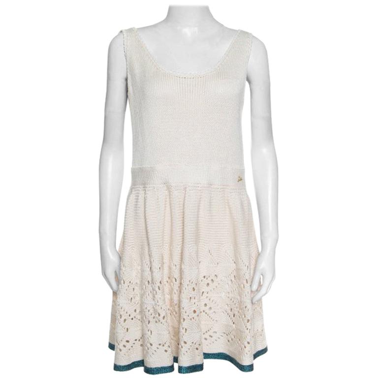 Chanel Cream Crochet Knit Sleeveless Fit and Flare Dress L