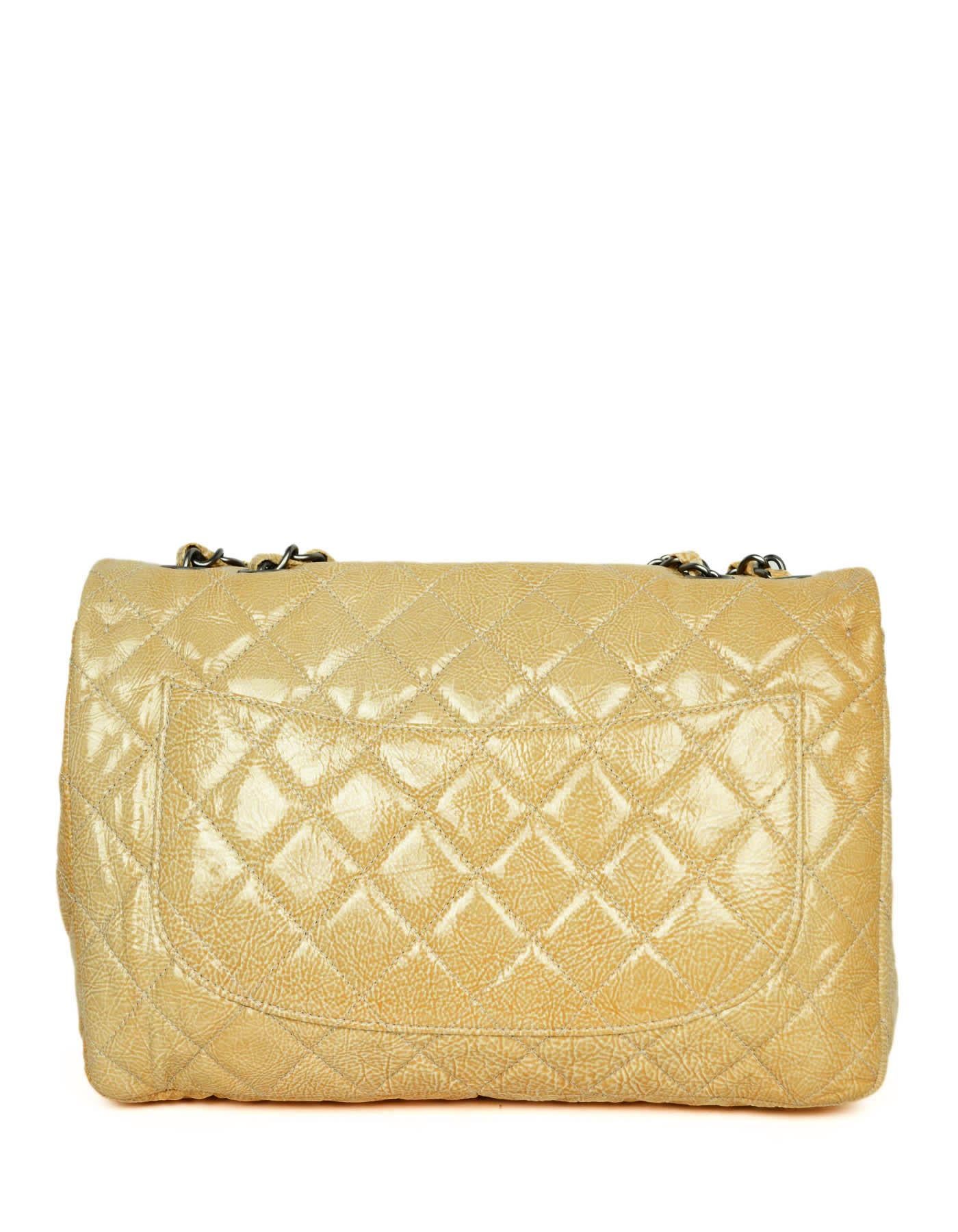 Chanel Cream Crumpled Patent Single Flap Jumbo Classic Bag For Sale at 1stDibs