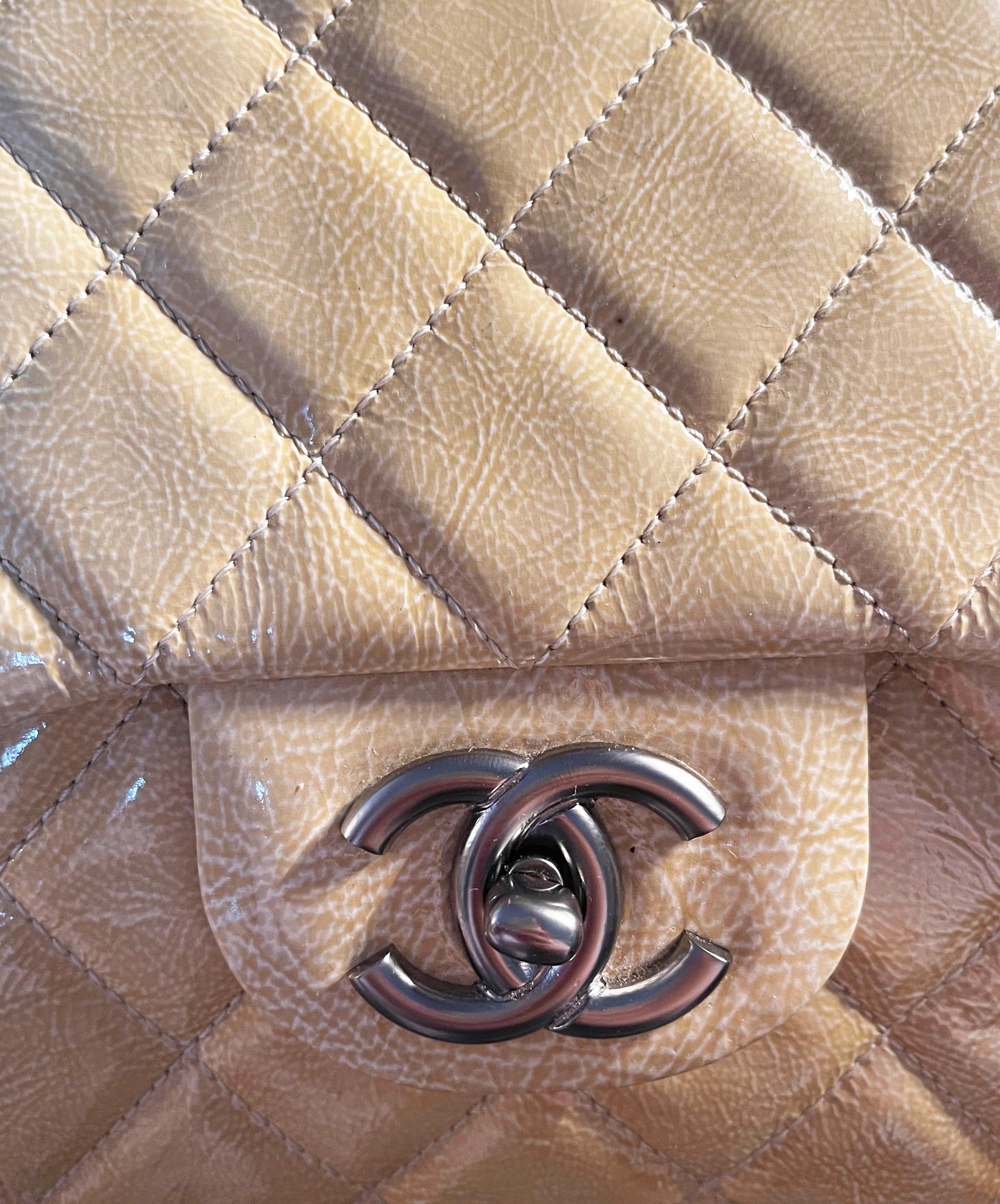 Chanel Cream Crumpled Patent Quilted Single Flap Jumbo Classic Bag 2