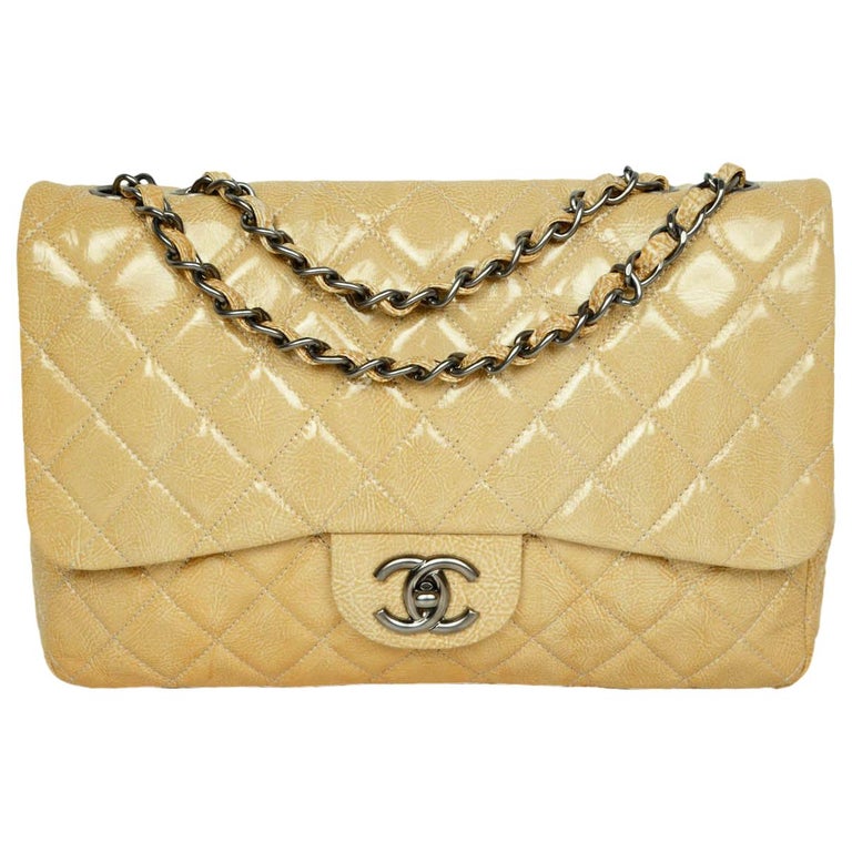 Chanel Cream Crumpled Patent Quilted Single Flap Jumbo Classic Bag