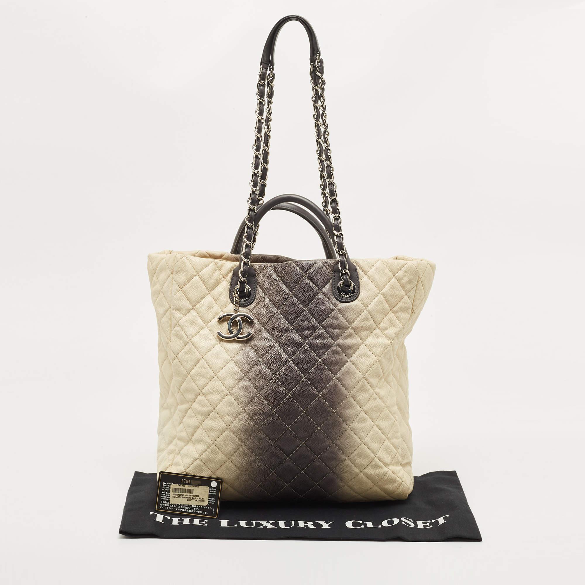 Chanel Cream/Dark Grey Ombre Quilted Caviar Leather Large Shopper Tote 13