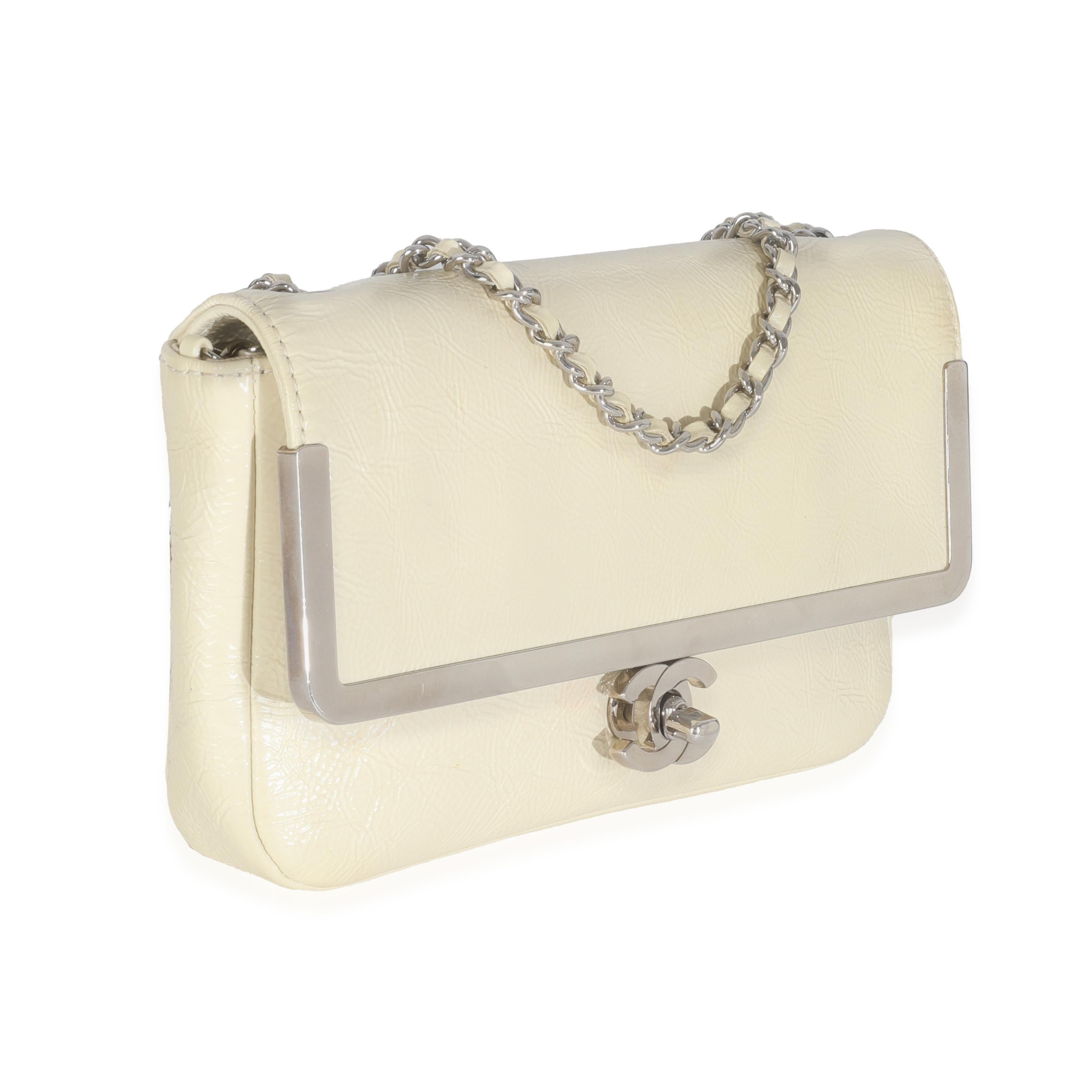 Beige Chanel Cream Distressed Patent Calfskin Small Frame Single Flap Bag en vente
