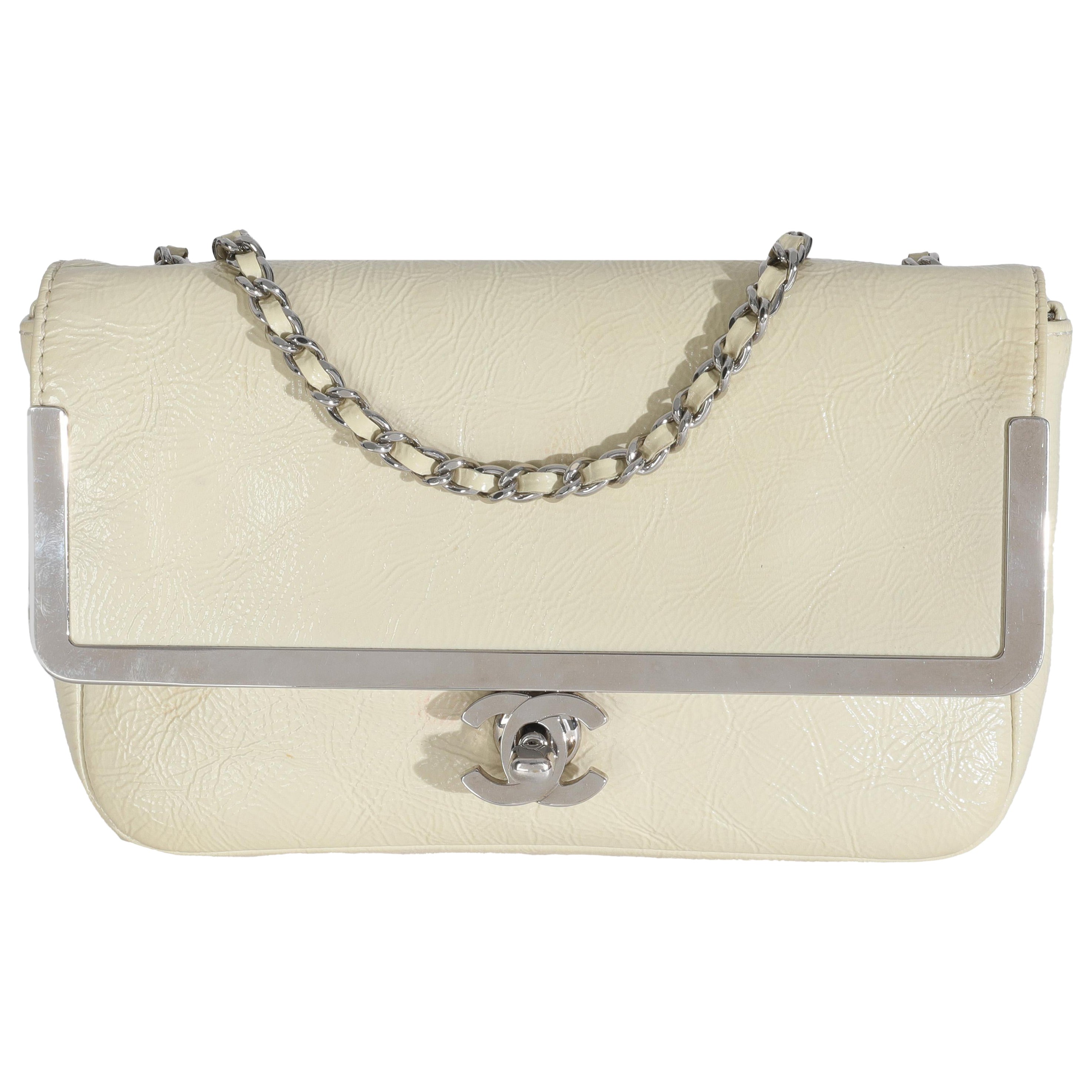 Chanel Cream Distressed Patent Calfskin Small Frame Single Flap Bag