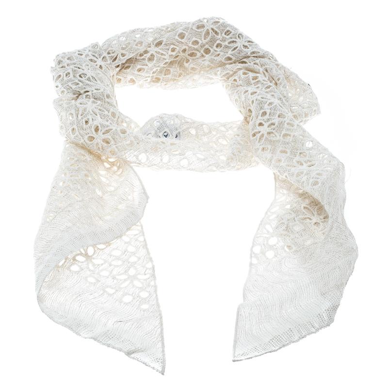 Gray Chanel Cream Floral Eyelet Embroidered Gauze Scarf