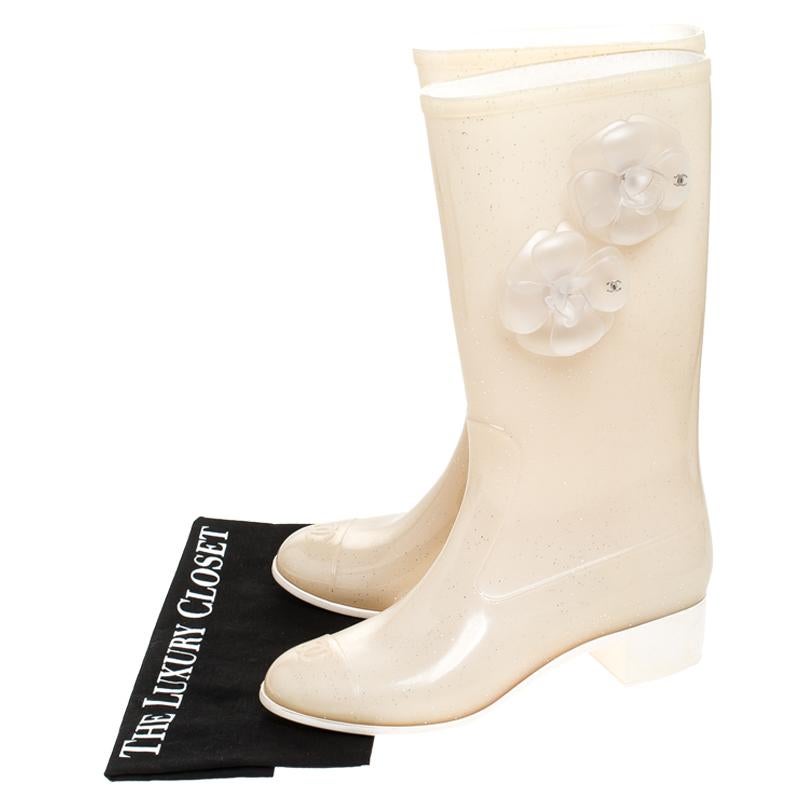 Women's Chanel Cream Glitter Rubber CC Camellia Rain Boots Size 37