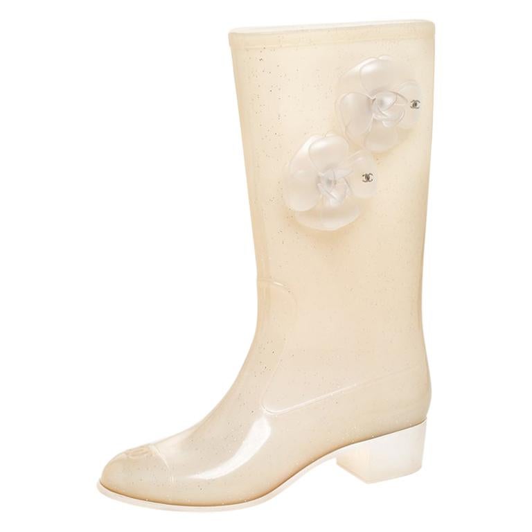 Chanel Cream Glitter Rubber CC Camellia Rain Boots Size 37 For Sale at