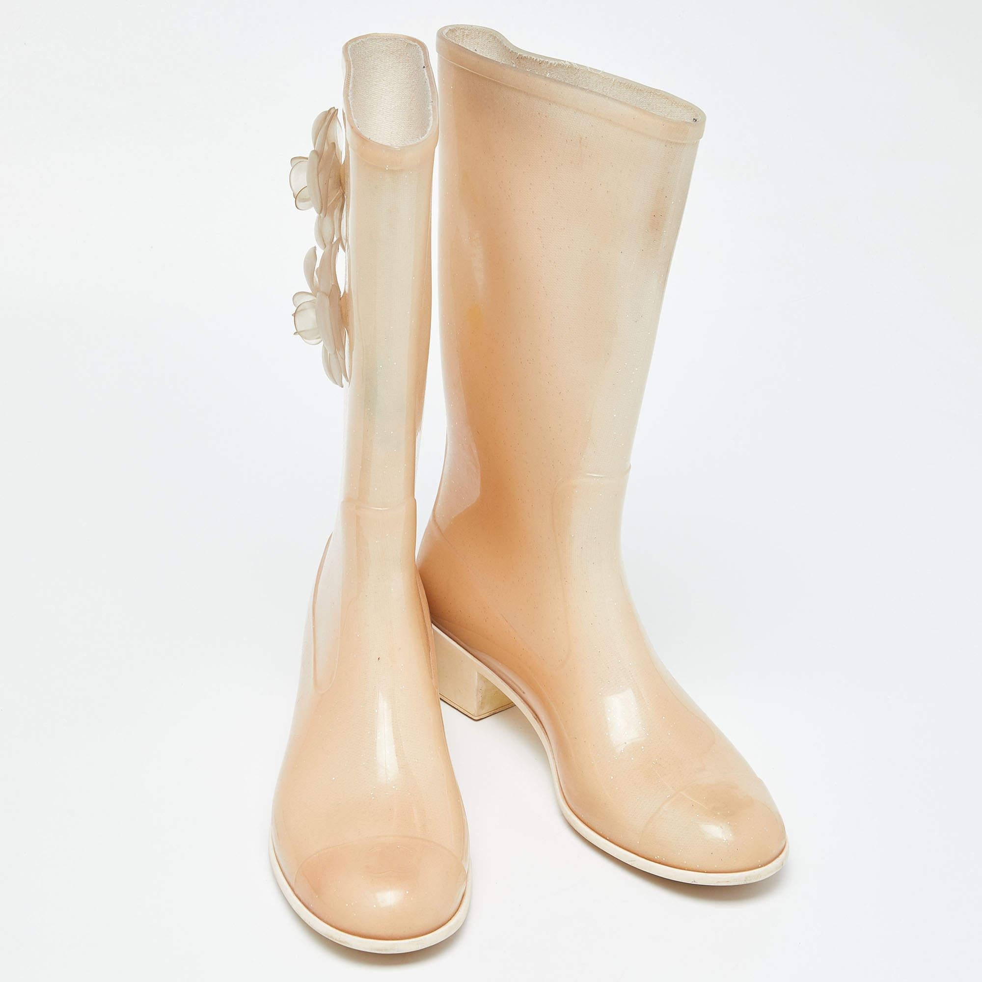 Women's Chanel Cream Glitter Rubber CC Camellia Rain Boots Size 41