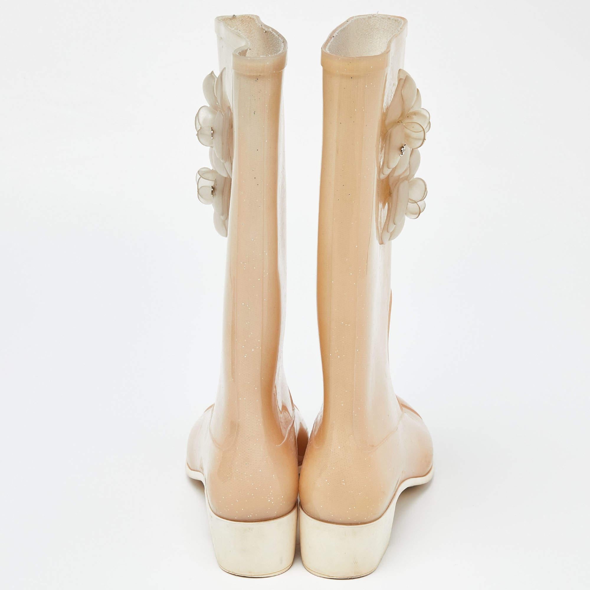 Chanel Cream Glitter Rubber CC Camellia Rain Boots Size 41 1