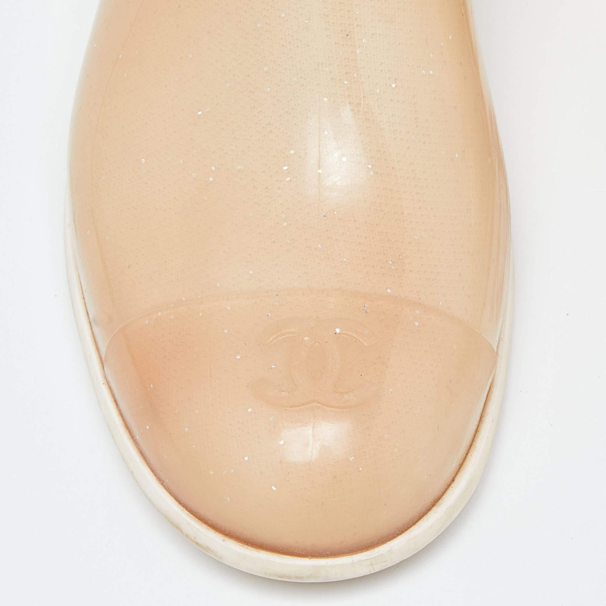 Chanel Cream Glitter Rubber CC Camellia Rain Boots Size 41 3