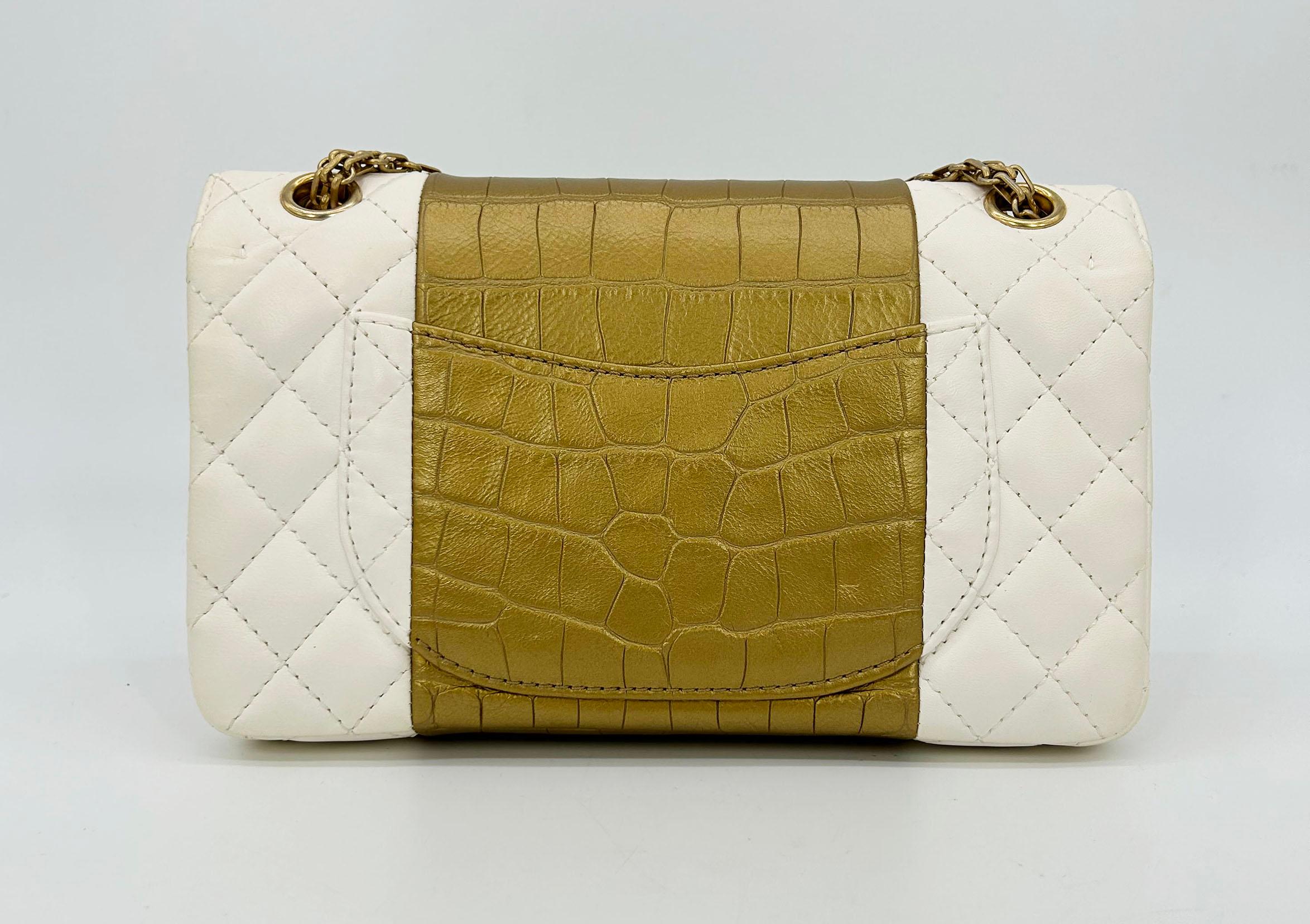 Brown NEW Chanel Cream Leather Gold Alligator Double Flap Classic 2.55 Reissue NWT For Sale