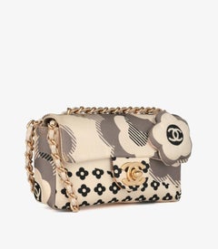 Chanel Cream, Grey & Black Silk Camellia Vintage Rectangular Micro Flap Bag