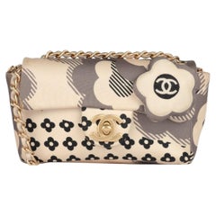 Chanel Cream, Grey & Black Silk Camellia Vintage Rectangular Micro Flap Bag