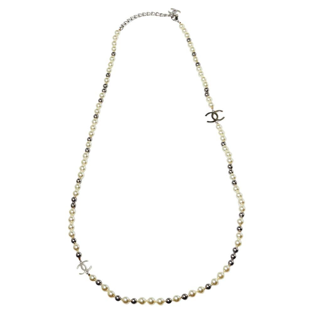 Chanel Cream & Grey Faux Pearls CC Charm Necklace
