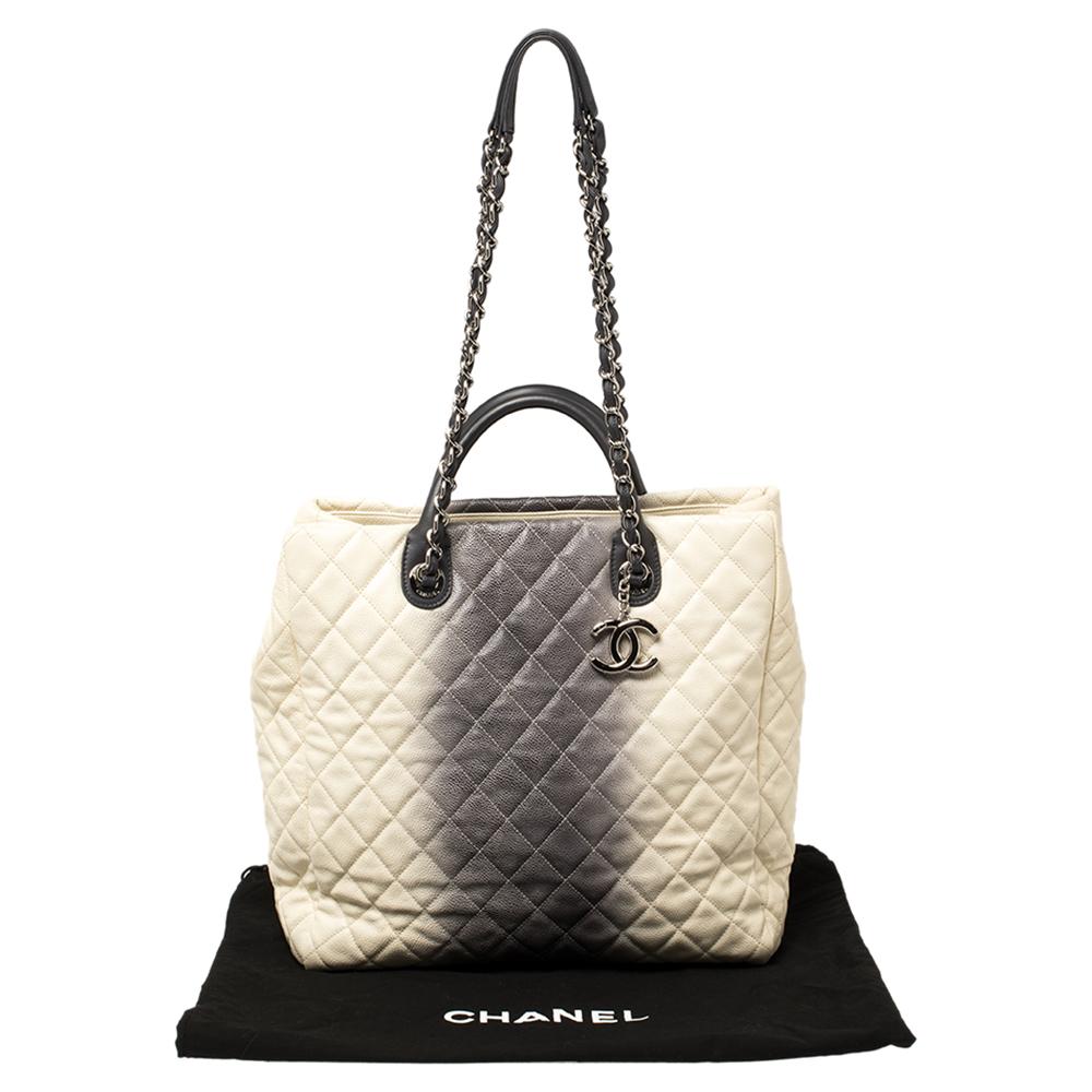 Chanel Cream/Grey Ombre Quilted Caviar Leather Shopping Tote 7