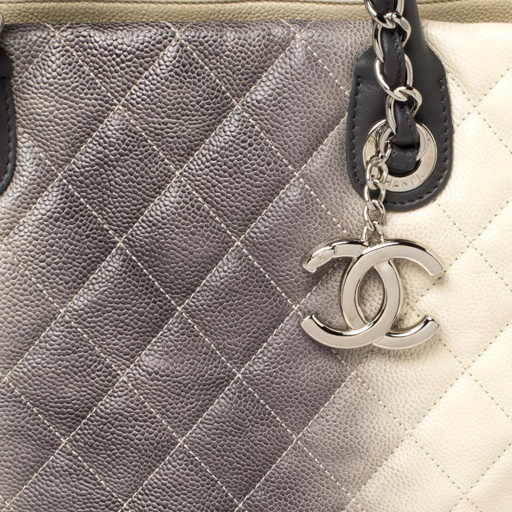Chanel Cream/Grey Ombre Quilted Caviar Leather Shopping Tote 1