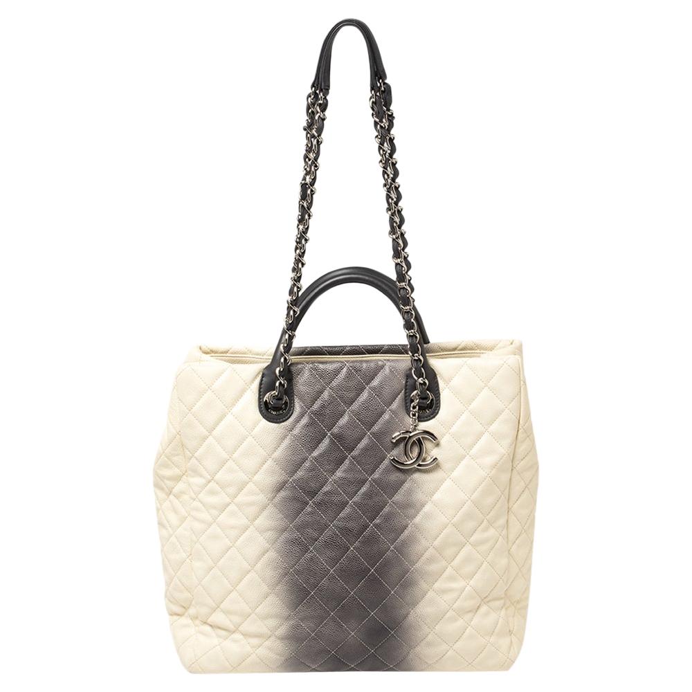 Chanel Cream/Grey Ombre Quilted Caviar Leather Shopping Tote