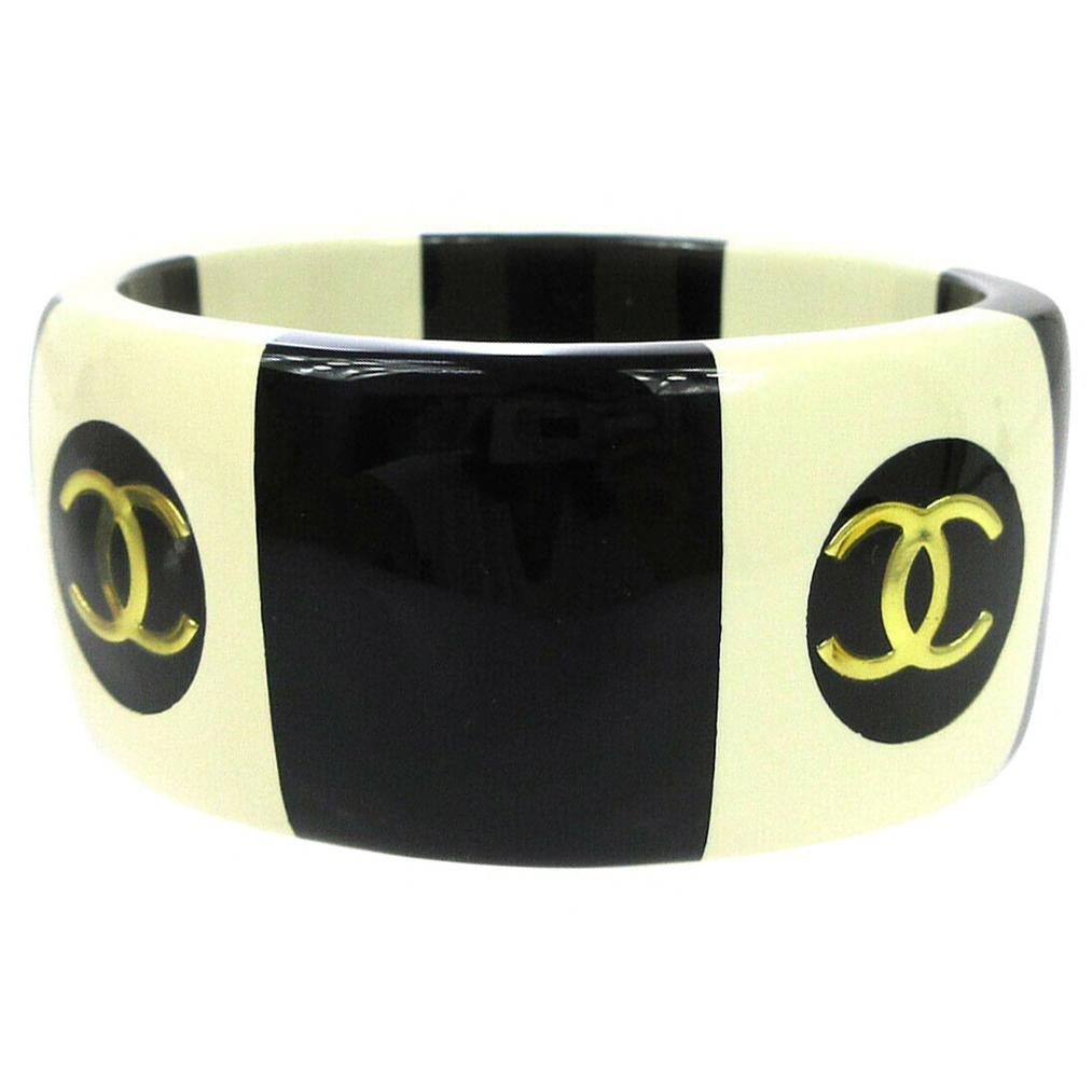 Chanel Cream Ivory Black Gold Stripe Logo Charm Bangle Cuff Bracelet in Box 
