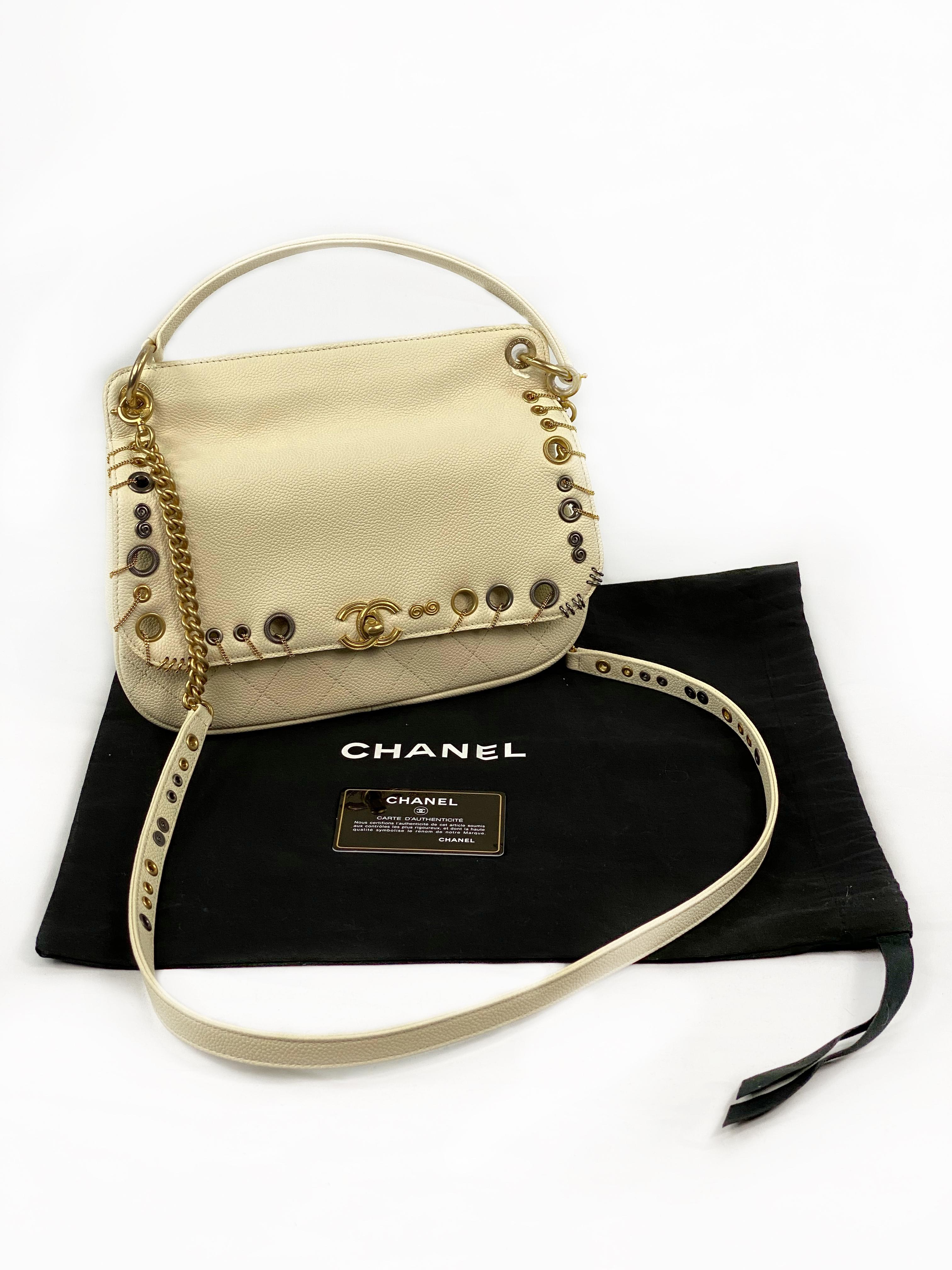 CHANEL Cream/ Ivory Caviar Quilted Grommet Embellished Piercing Flap Bag 4