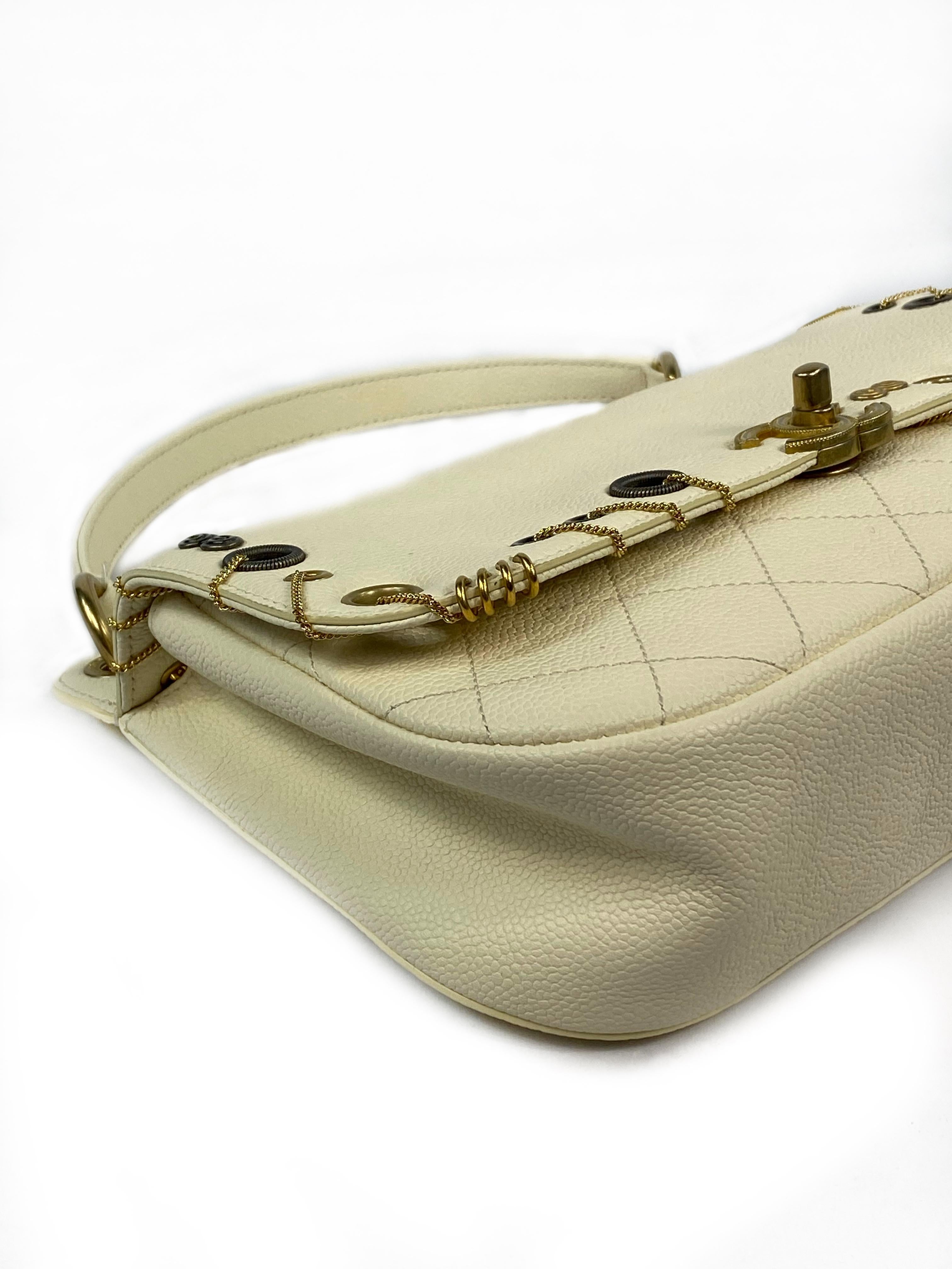 CHANEL Cream/ Ivory Caviar Quilted Grommet Embellished Piercing Flap Bag In Excellent Condition In Beverly Hills, CA