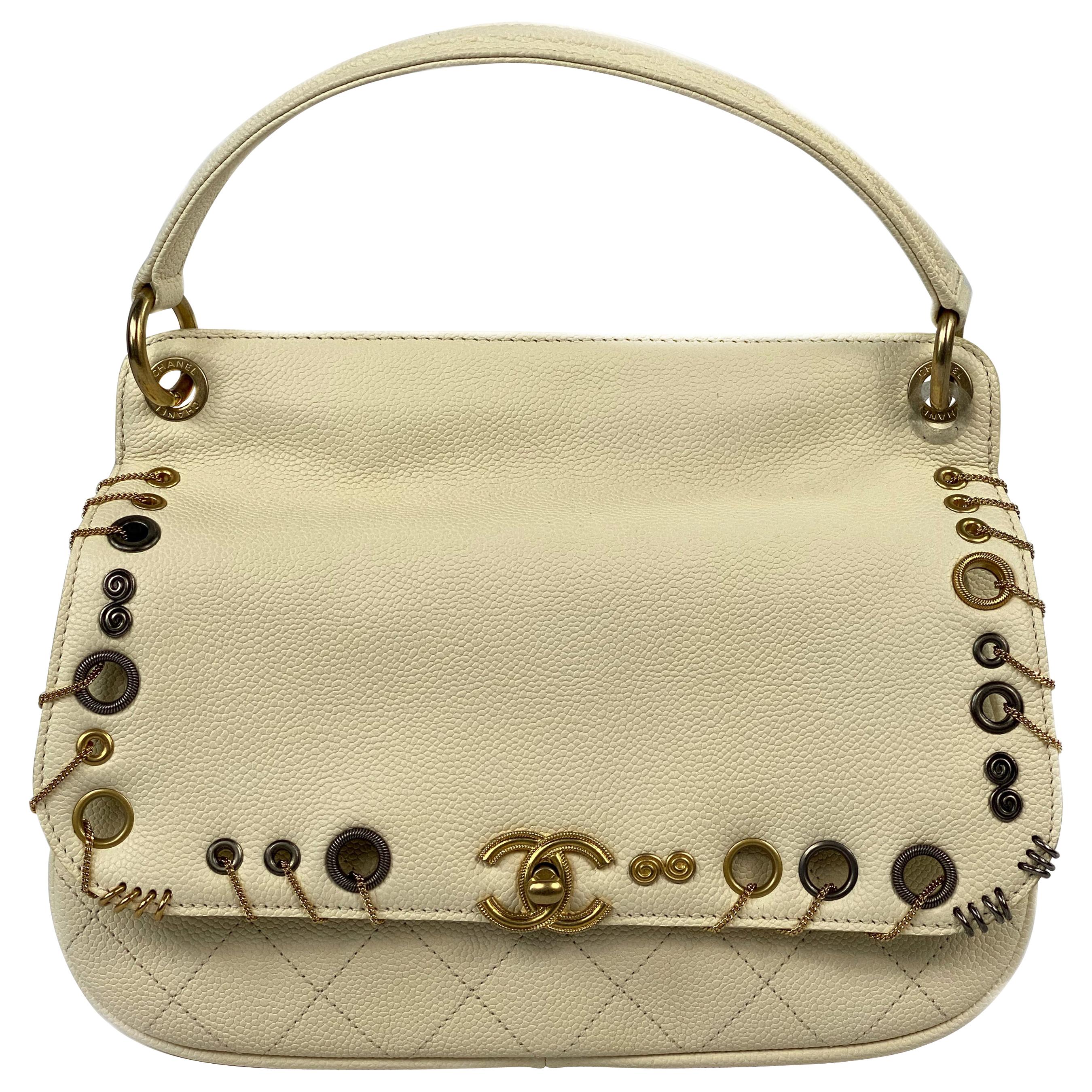 CHANEL Cream/ Ivory Caviar Quilted Grommet Embellished Piercing Flap Bag