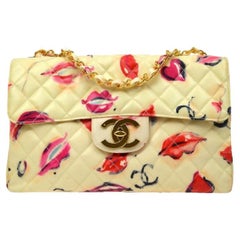 CHANEL Cream Ivory Red Pink Vinyl Leather Gold Quilted Evening Shoulder Flap Bag