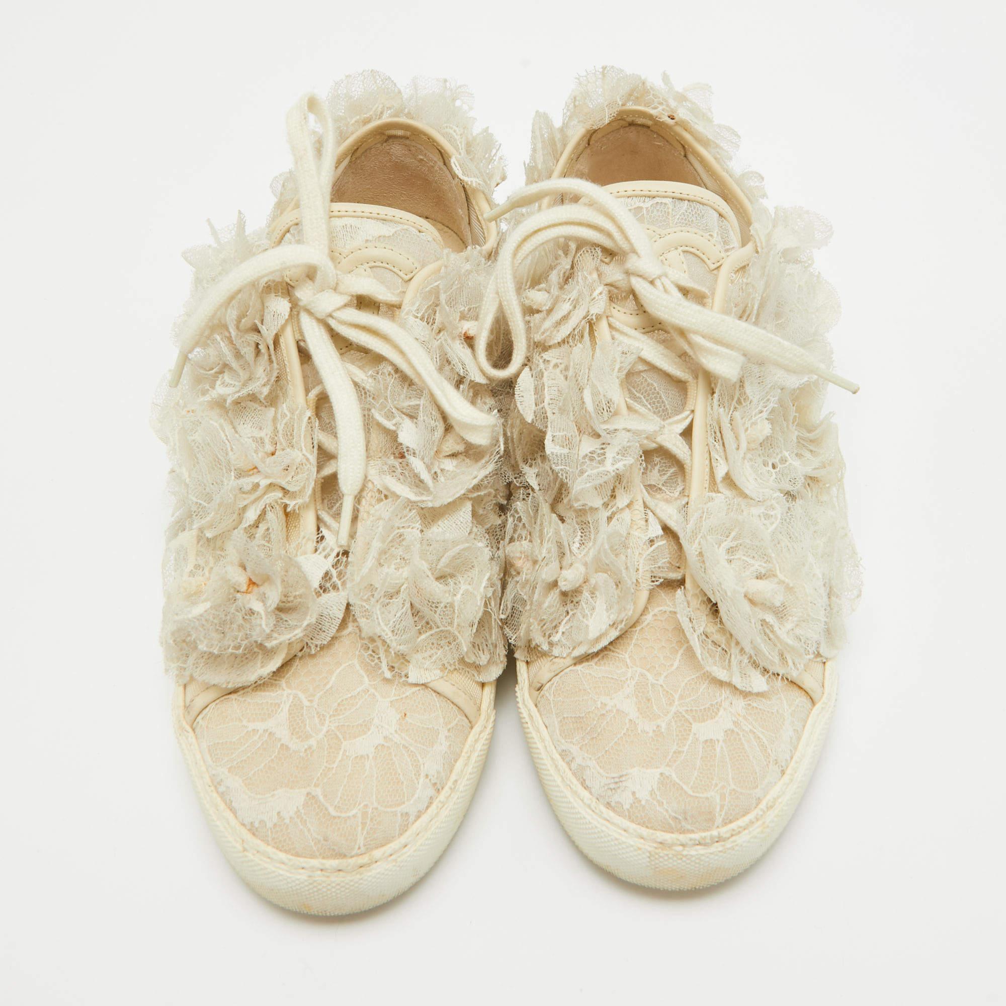 Beige Chanel Cream Lace and Mesh Camelia Lace Up Sneakers Size 37