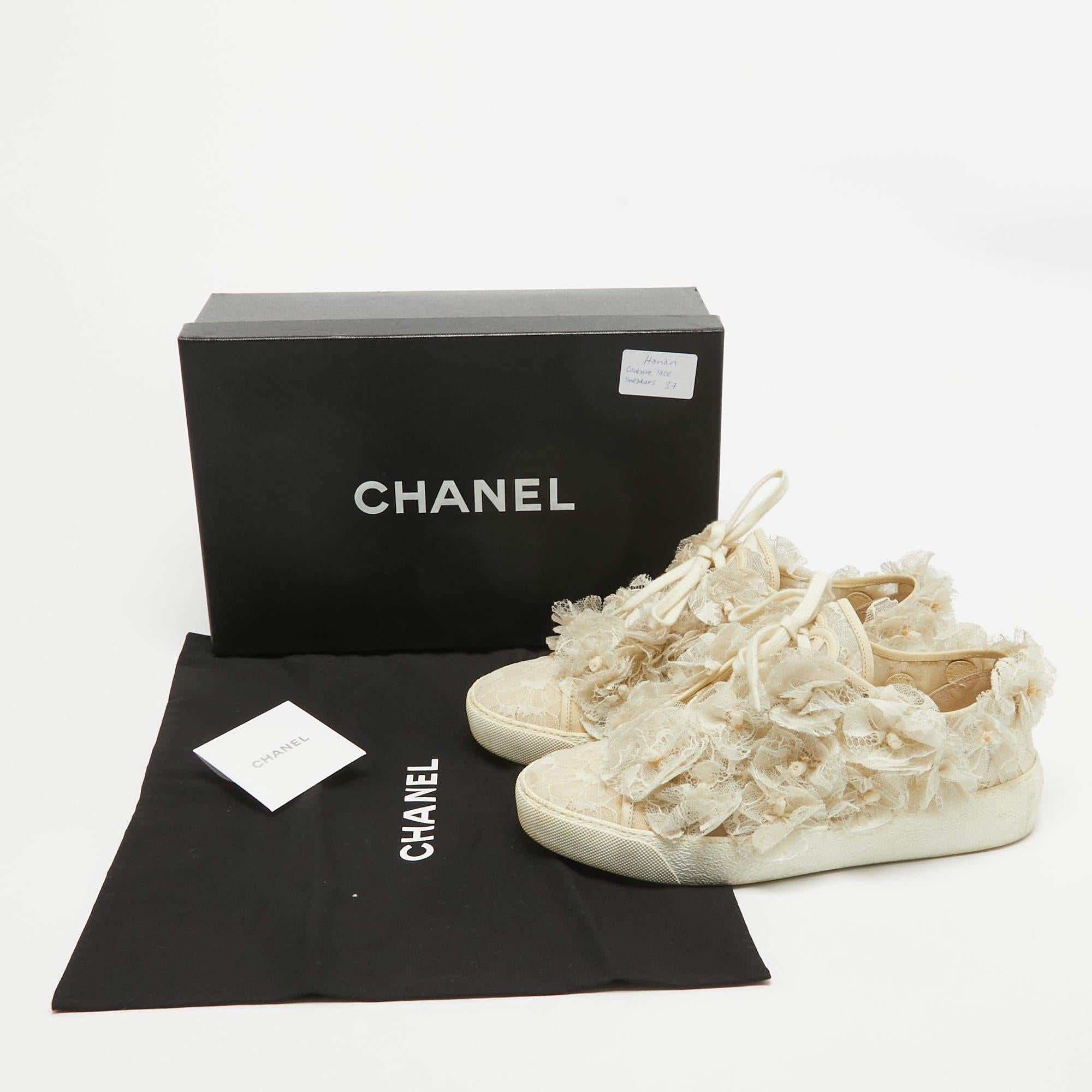 Chanel Cream Lace and Mesh Camelia Lace Up Sneakers Size 37 4