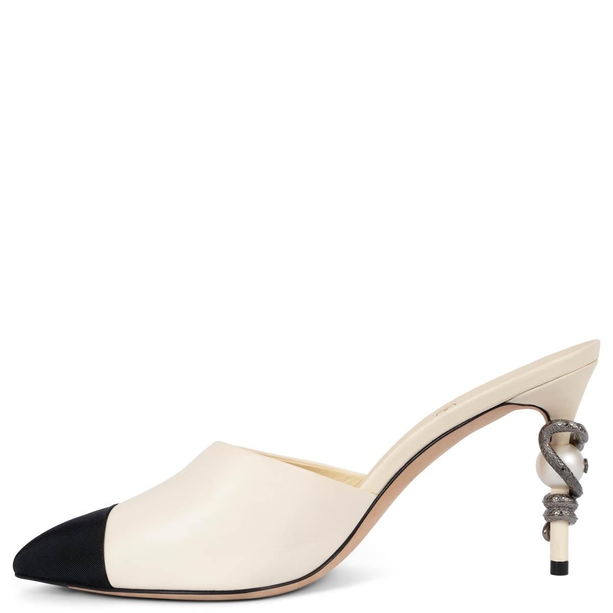 Women's CHANEL cream leather 2016 16A ROME SNAKE PEARL HEEL Mules Shoes 38.5