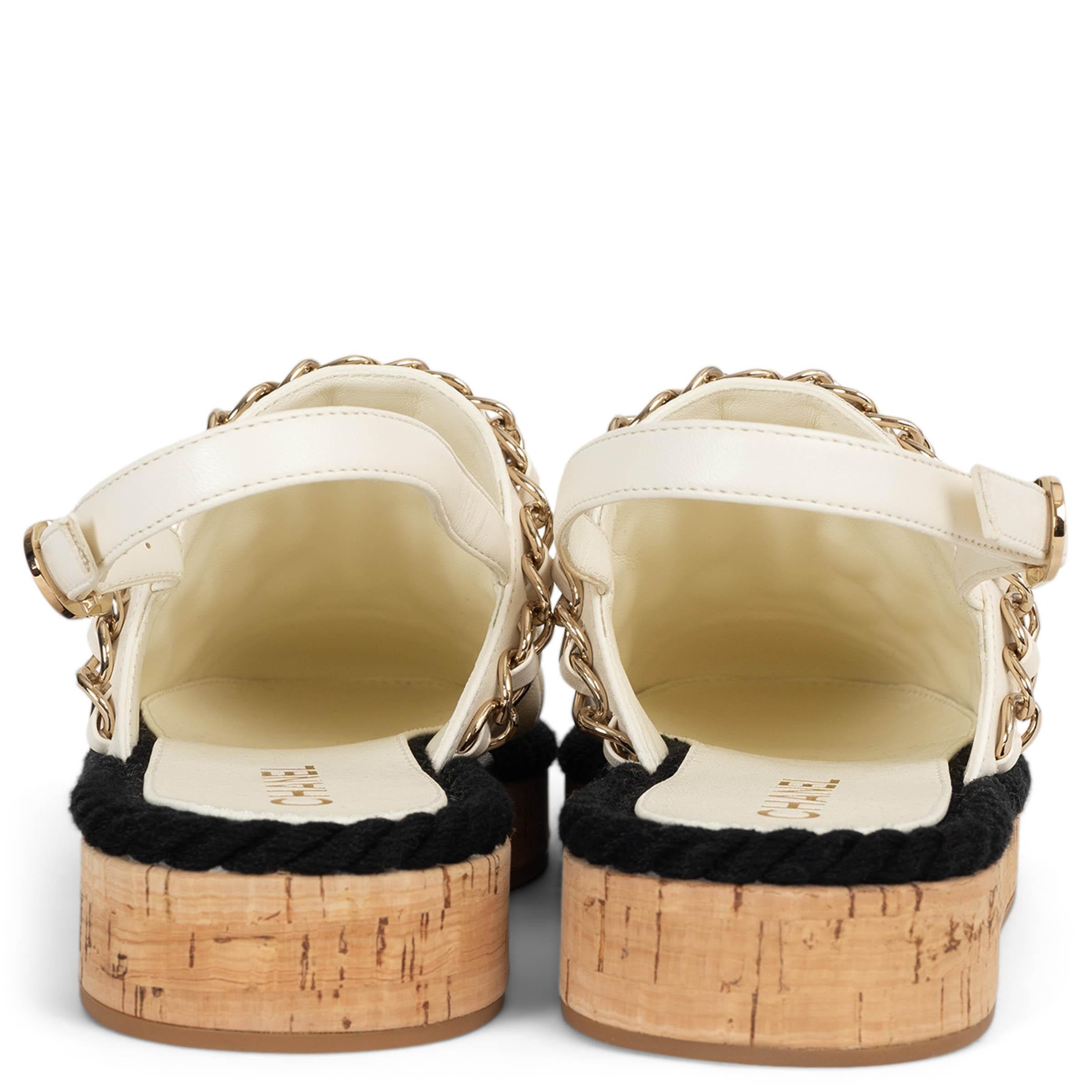Women's CHANEL cream leather 21P CHAIN  TRIM CORK SLINGBACK Flats Shoes 37 For Sale
